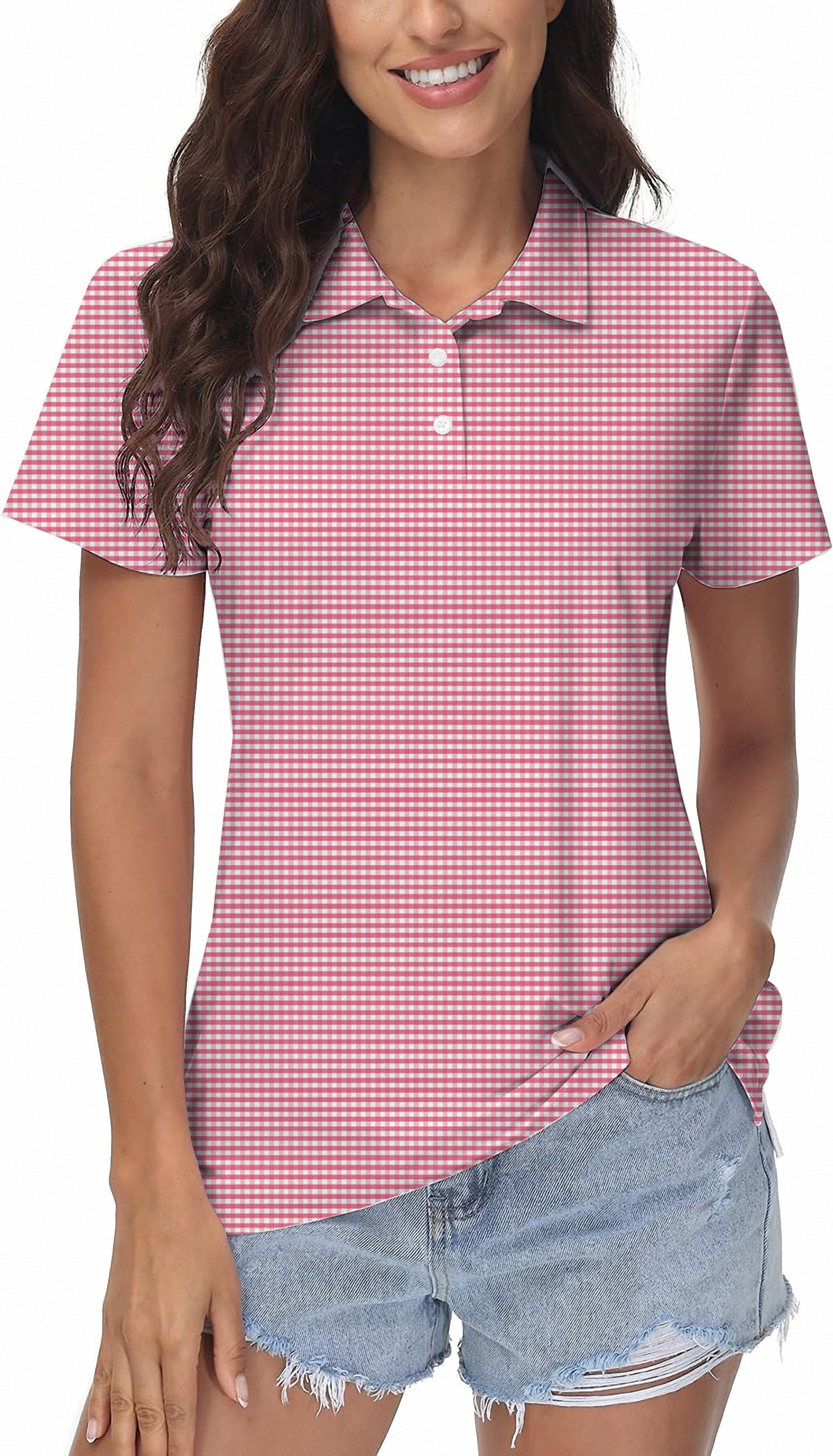 Pink striped and checkered squares Women's Golf Polo