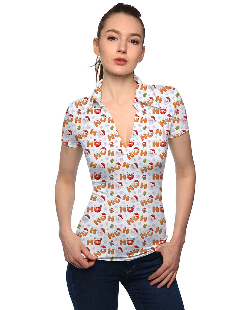 Women's Christmas Gingerbread V-neck golf polo shirt with stand collar and festive print