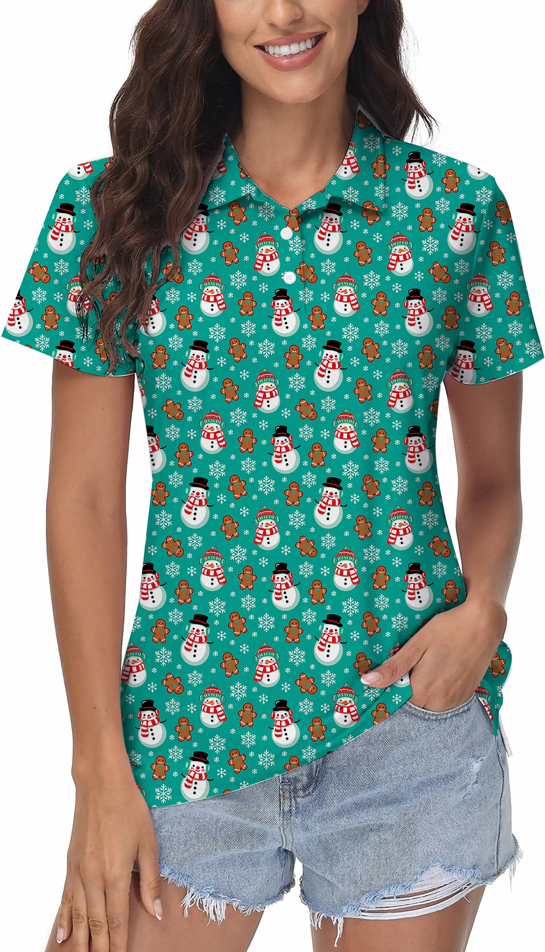 Gingerbread Snowman Blue Christmas Women's Golf Polo