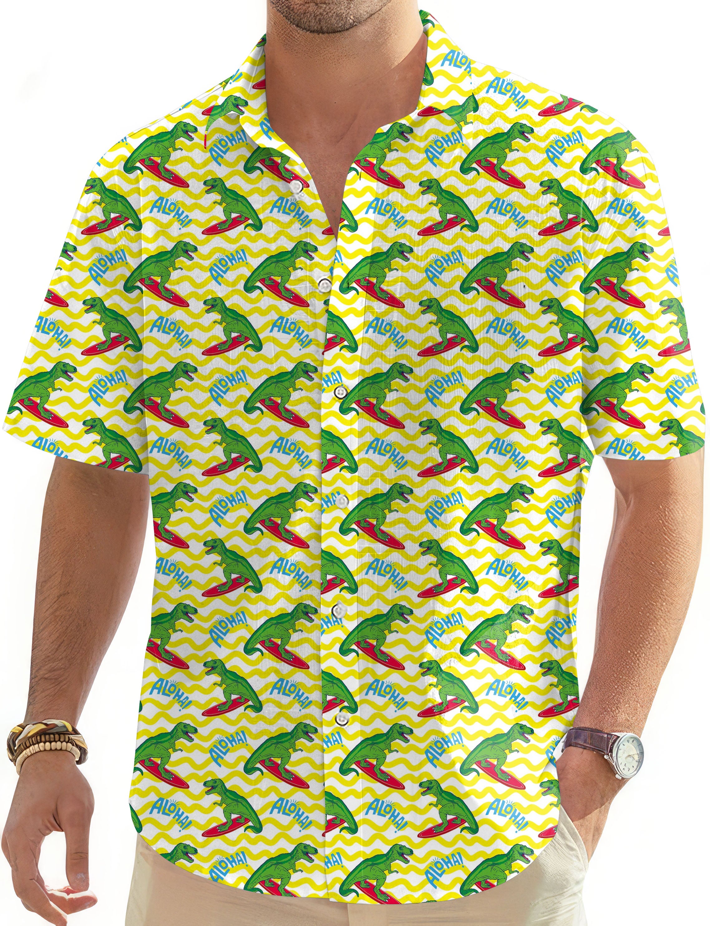 Friendly Dinos-Men's Golf Hawaiian Shirts Button Down Shirt