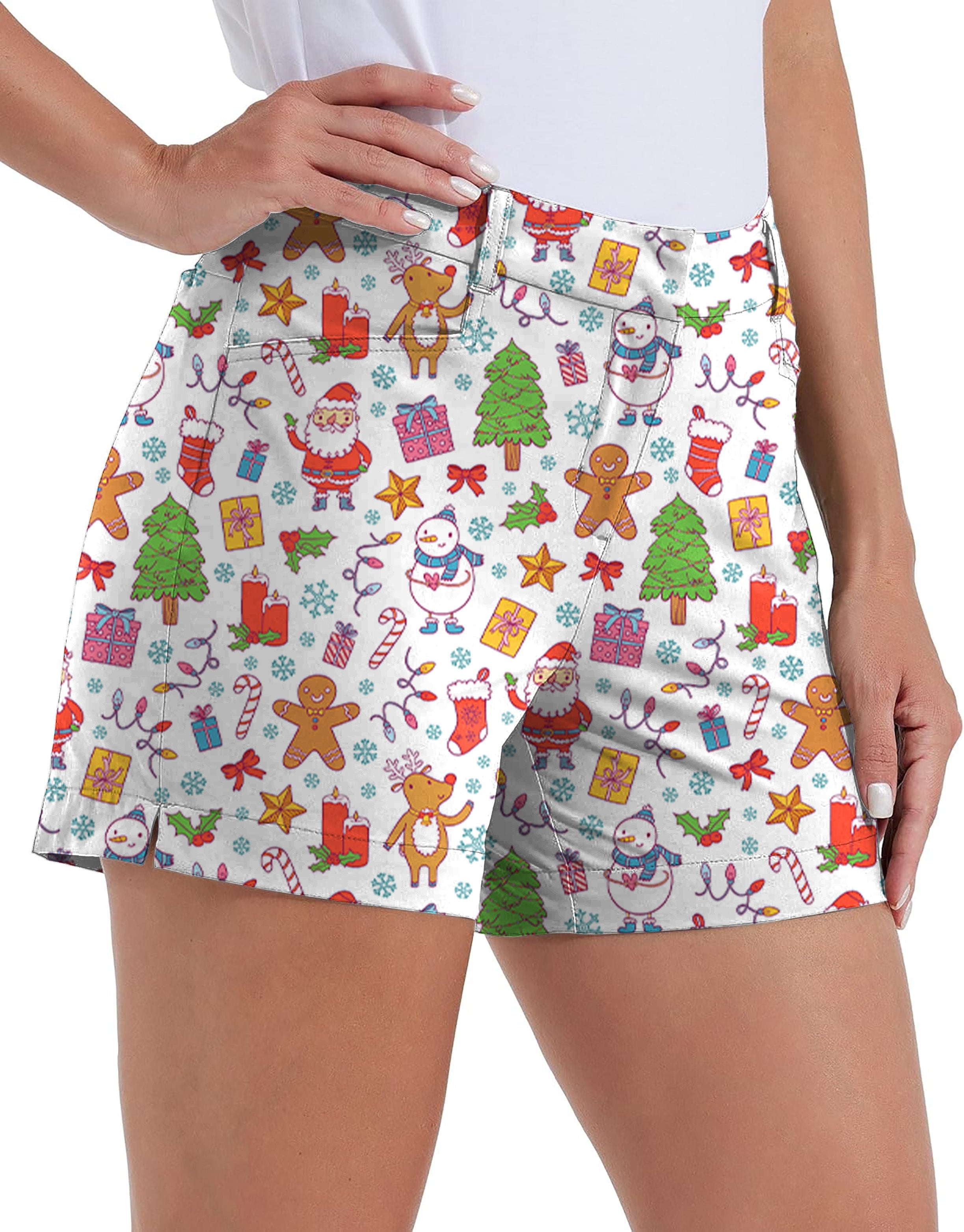 white Own Logo women's quick-drying golf shorts with Christmas print and pockets