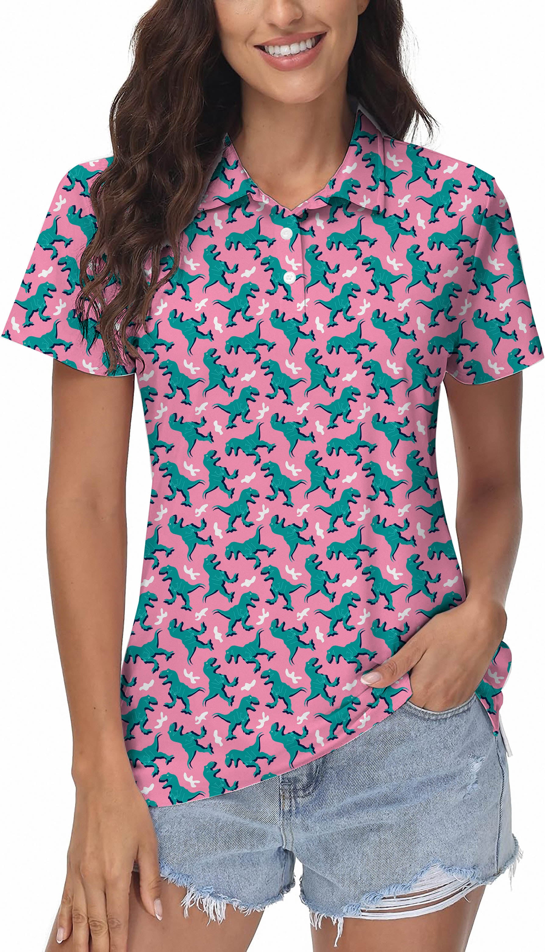 Women's Green Dinosaur Golf Polo