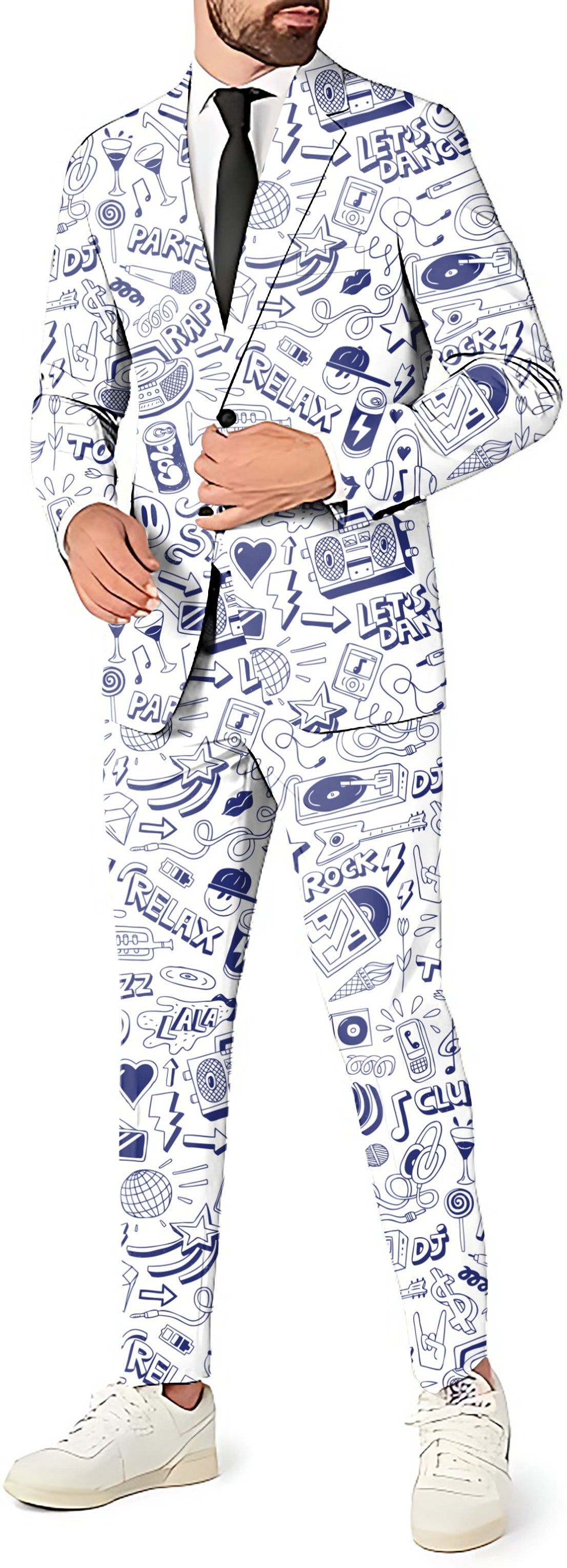 Fore Play Men's white blazer, pants, and vest party suit with blue graphic prints and slim fit design