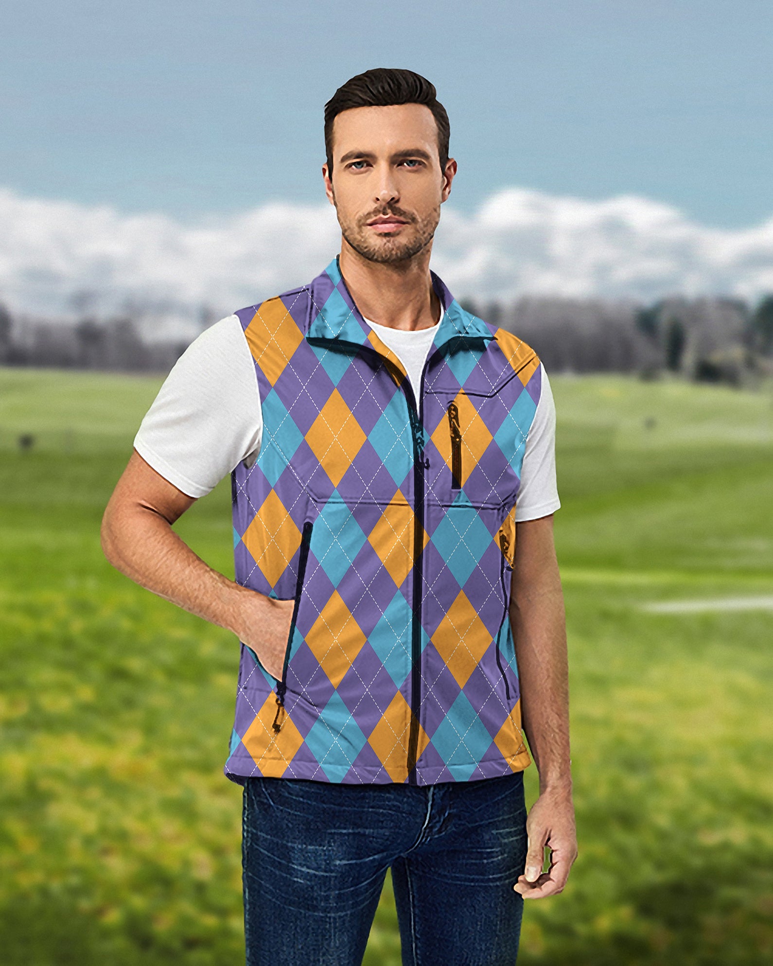 Men's Purple orange blue Argyle Lightweight Softshell Vest Sleeveless Jacket for Golf Windproof Waterproof