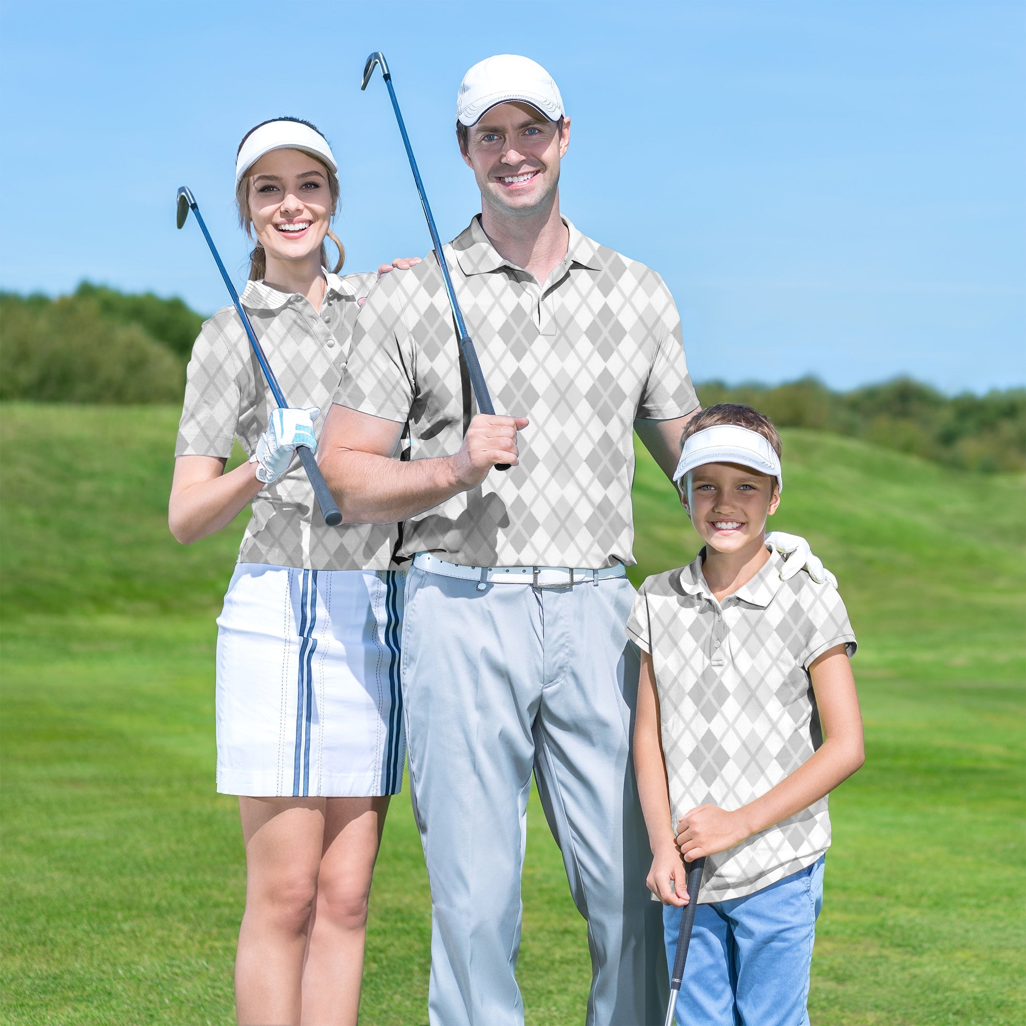 Family wearing Argyle grey grid golf shirts on golf course