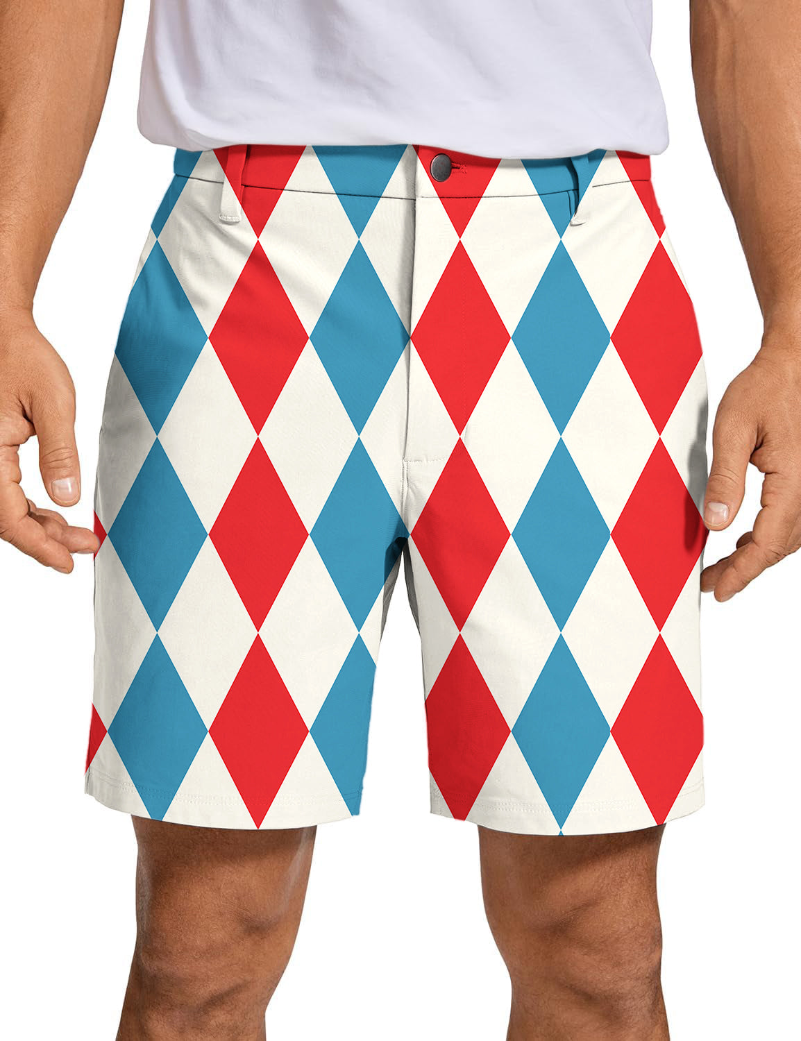 Men's geometric checkerboard argyle golf shorts in red, blue, and white with quick-dry, lightweight fabric