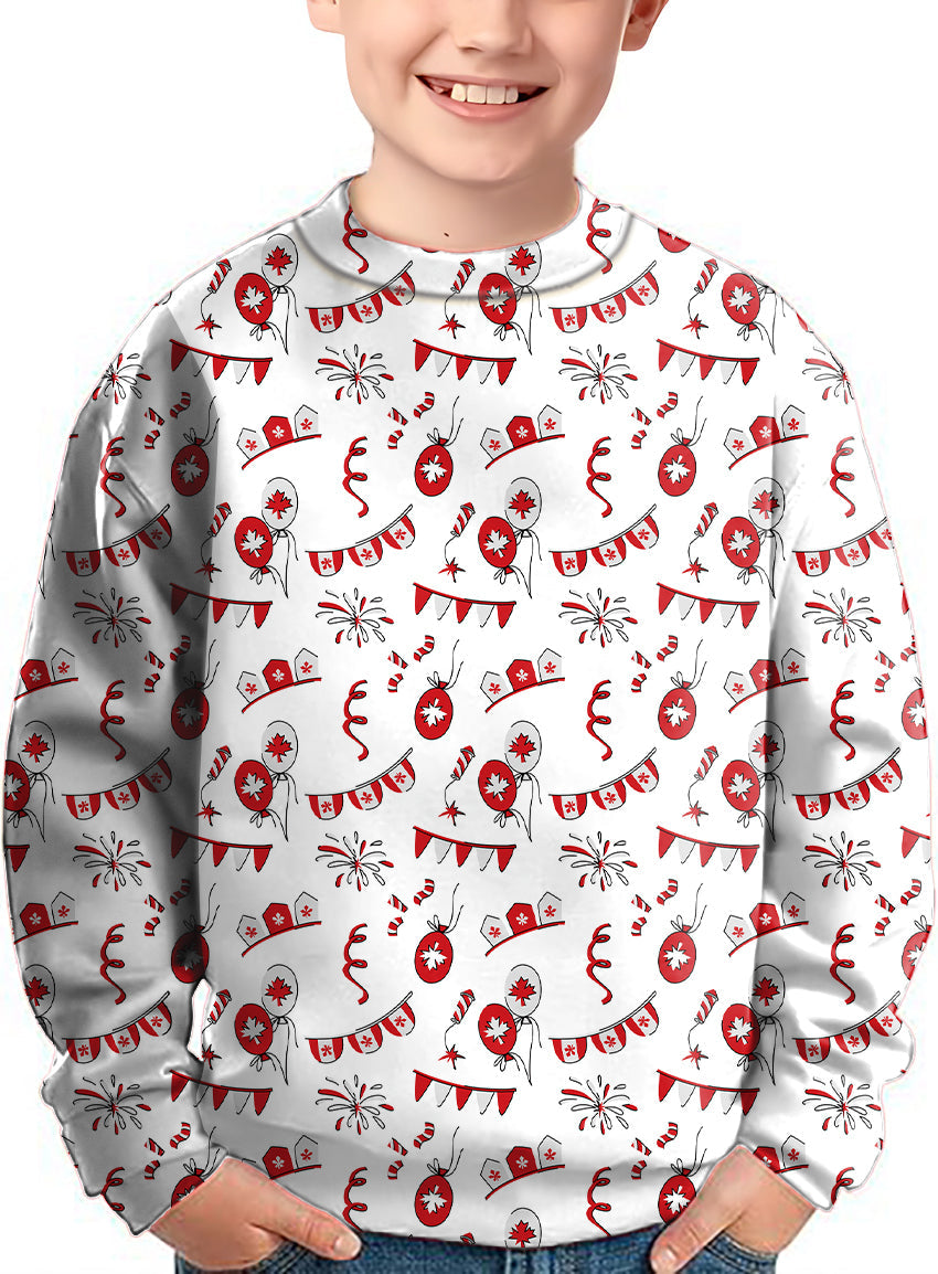 Kids Canadian Flag themed ugly sweater crewneck pullover with festive maple leaf designs