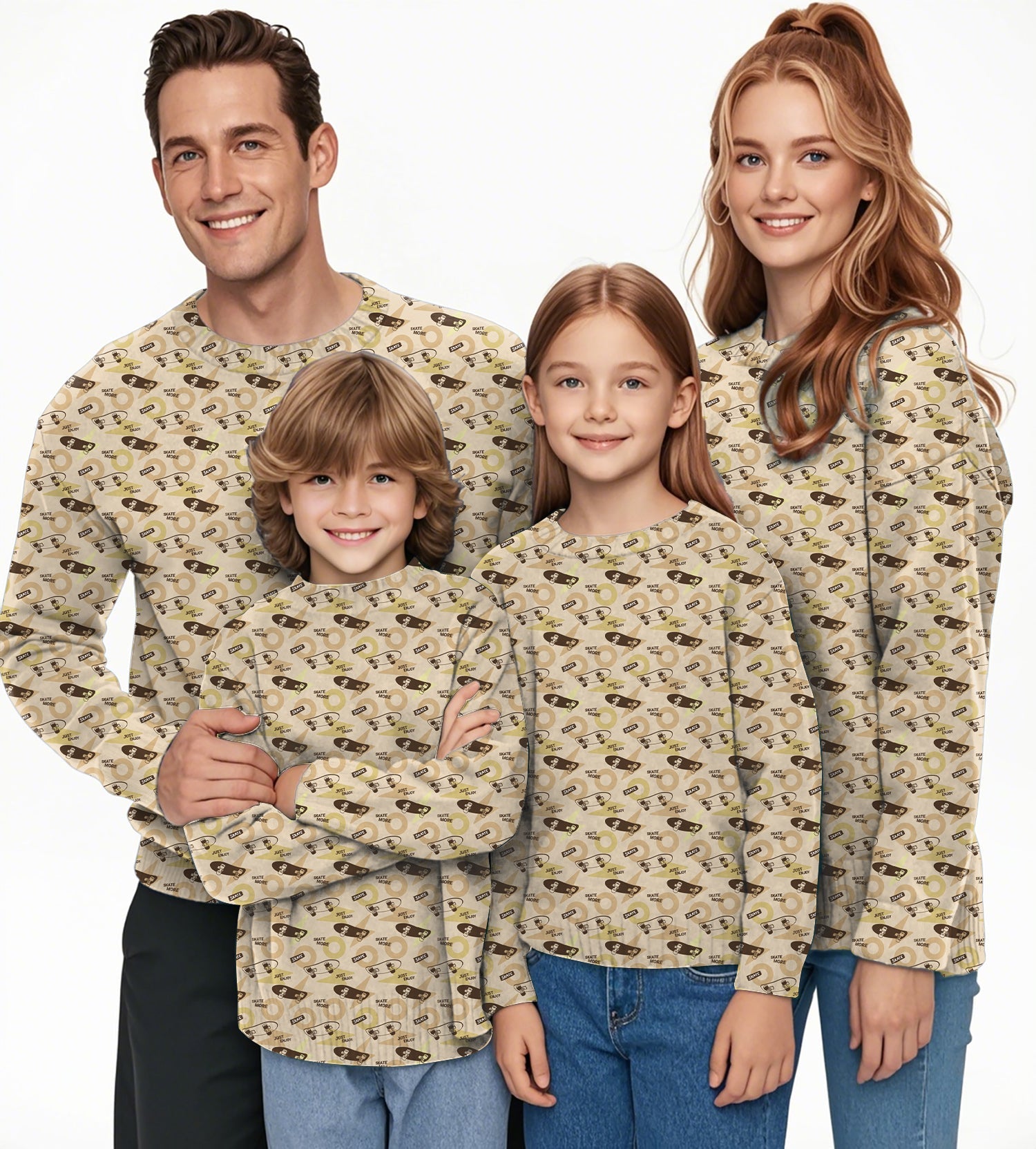 Family wearing khaki Skate More crewneck pullover ugly sweater for men, women, boys, and girls