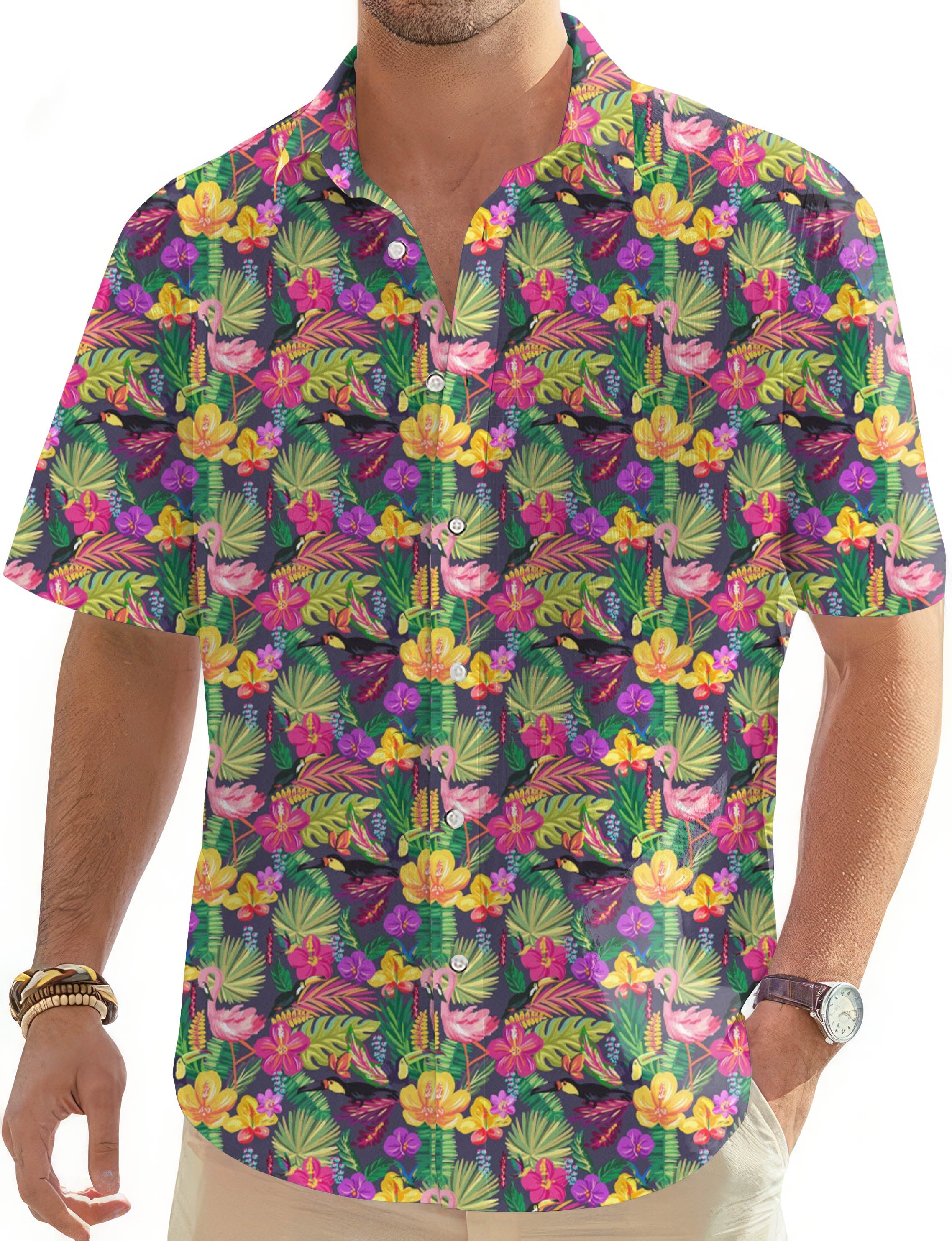 Men's Hawaiian shirt with hand drawn flamingo and tropical floral print, short sleeve button-down