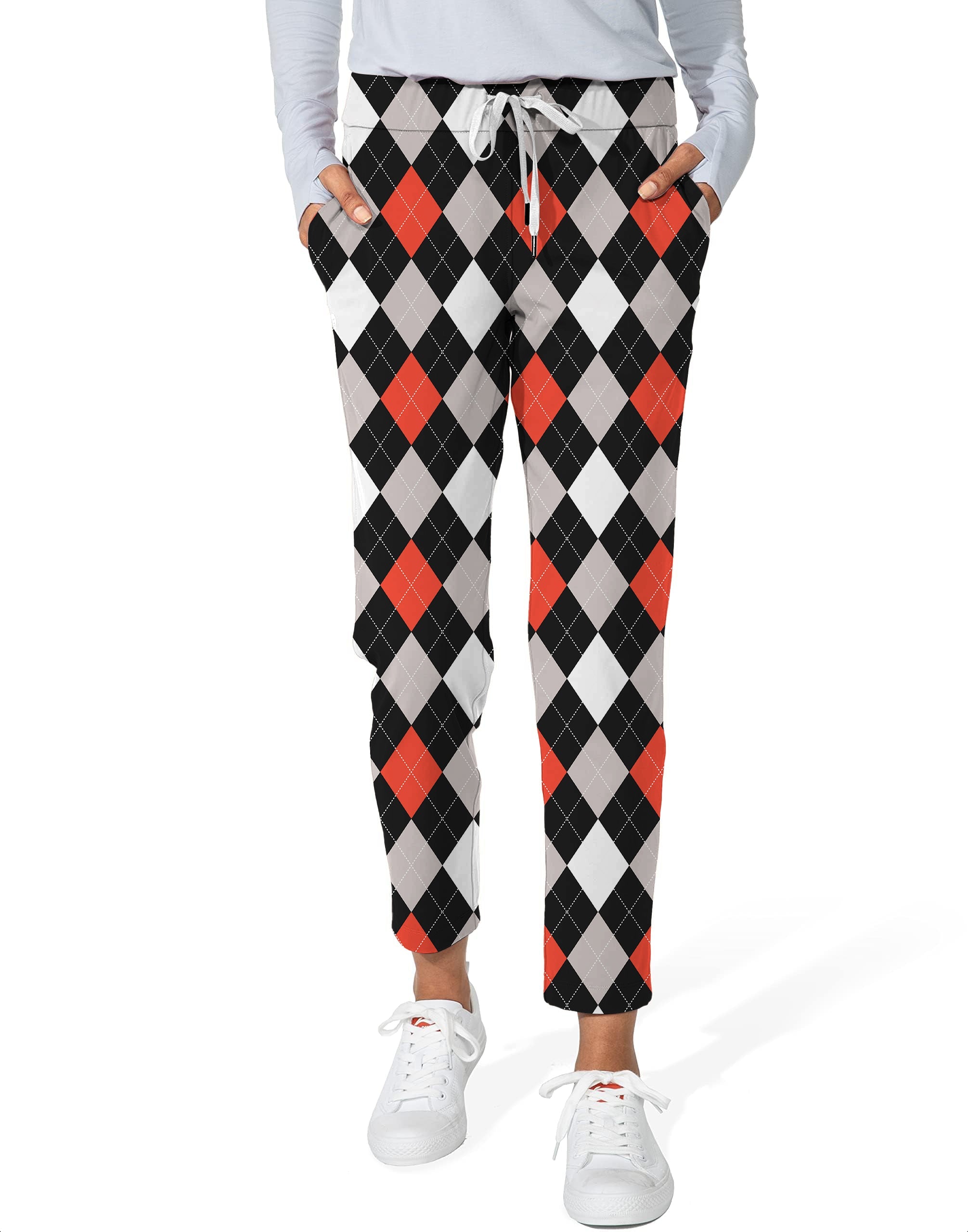 Women's argyle red black 7/8 stretch ankle golf pants with drawstring waist