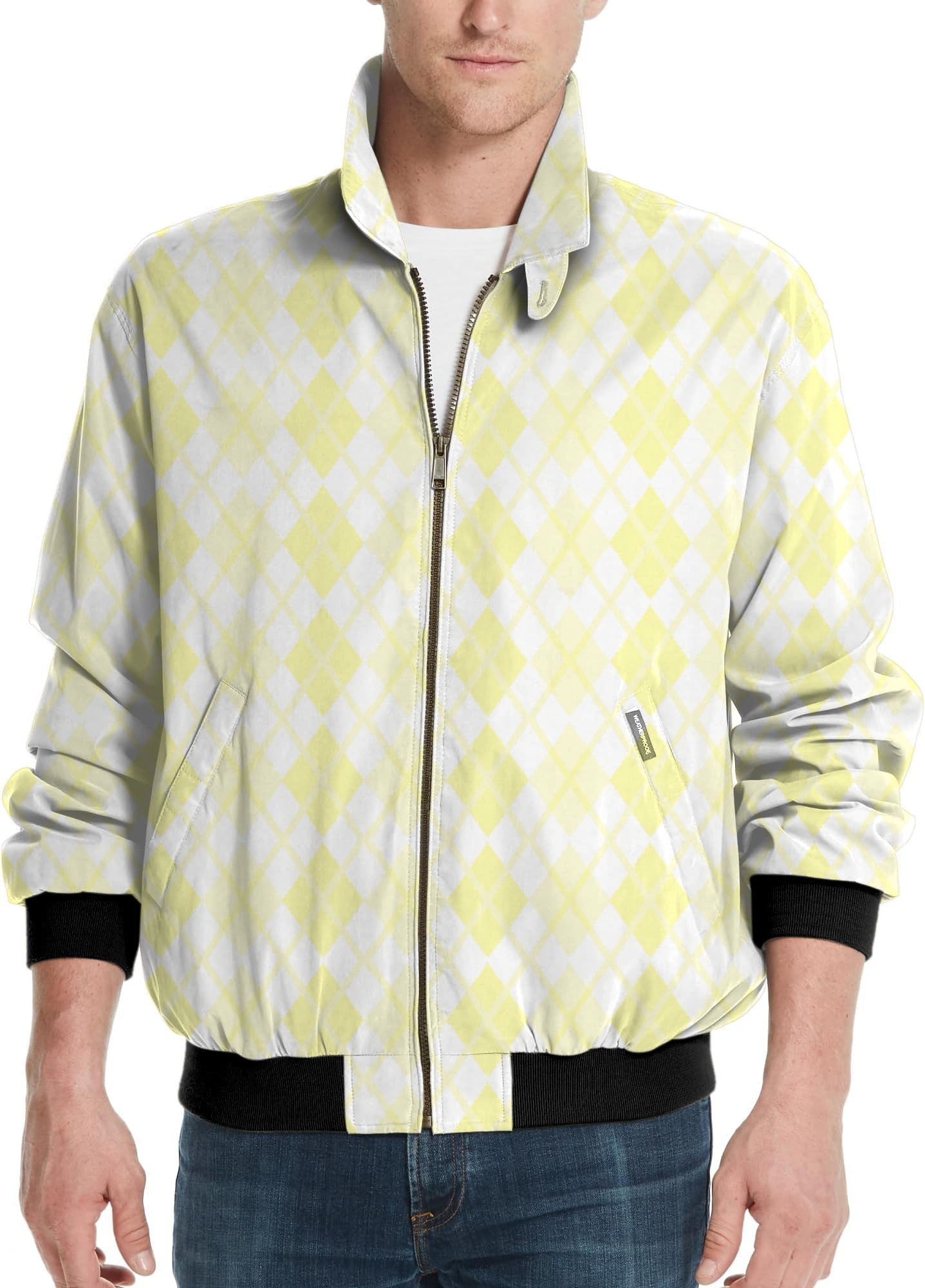 Men's golf windbreaker jacket with argyle yellow grid pattern and zip front closure