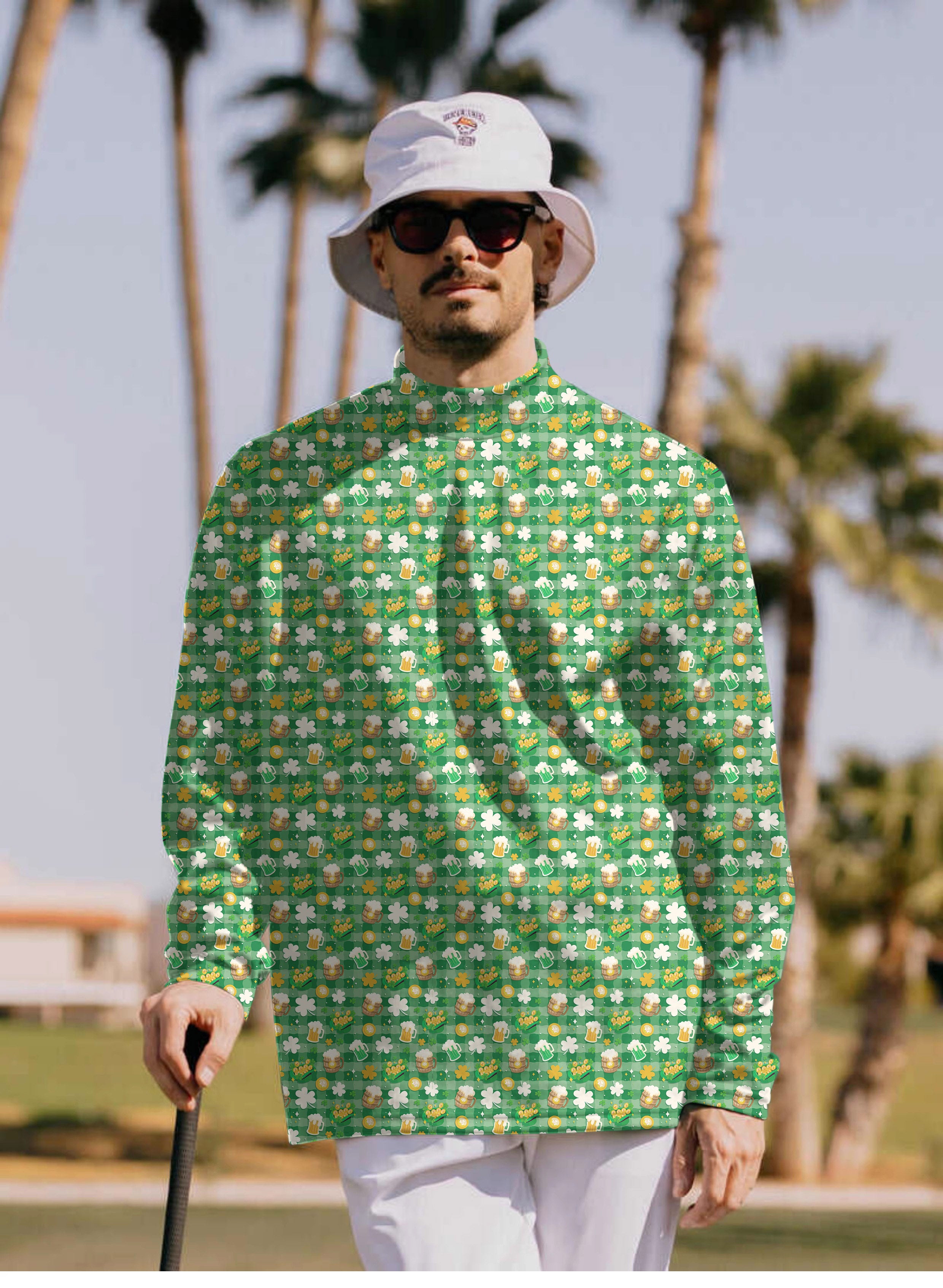 Men's Green beer and clover leaf St. Patrick's Day Pullover High neck Long/Short sleeve T-Shirt