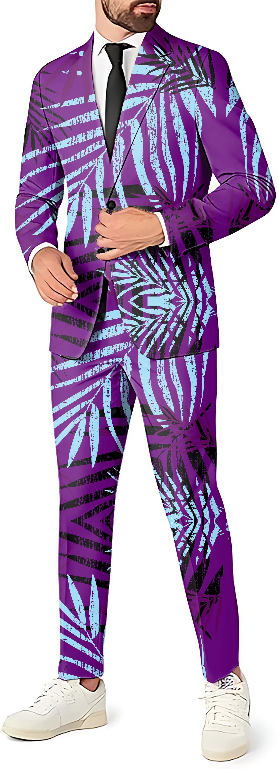 purple leaf Men's party costume with blazer, pants, and vest set in purple leaf pattern