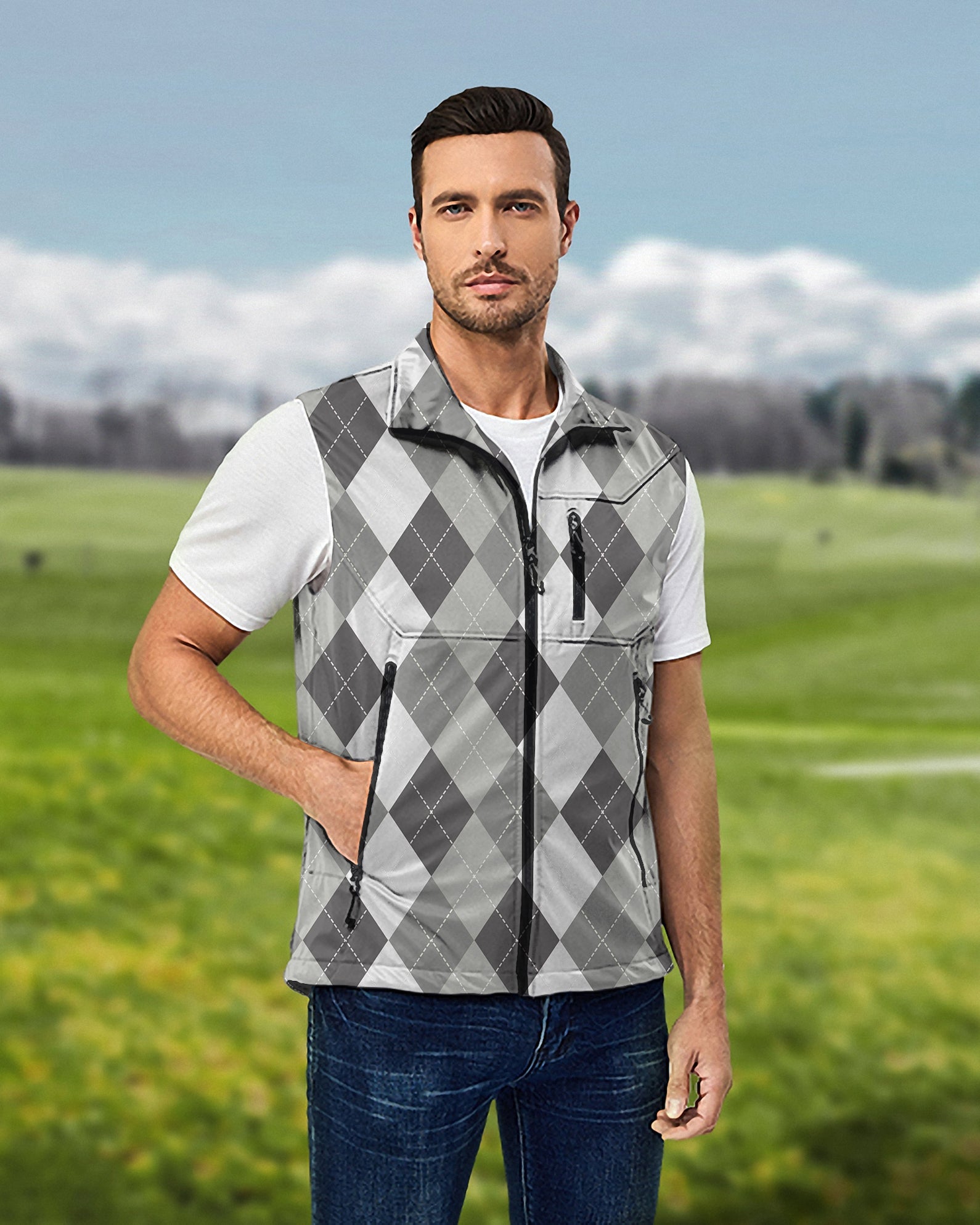 Men's grey argyle lightweight softshell vest sleeveless jacket for golf windproof waterproof