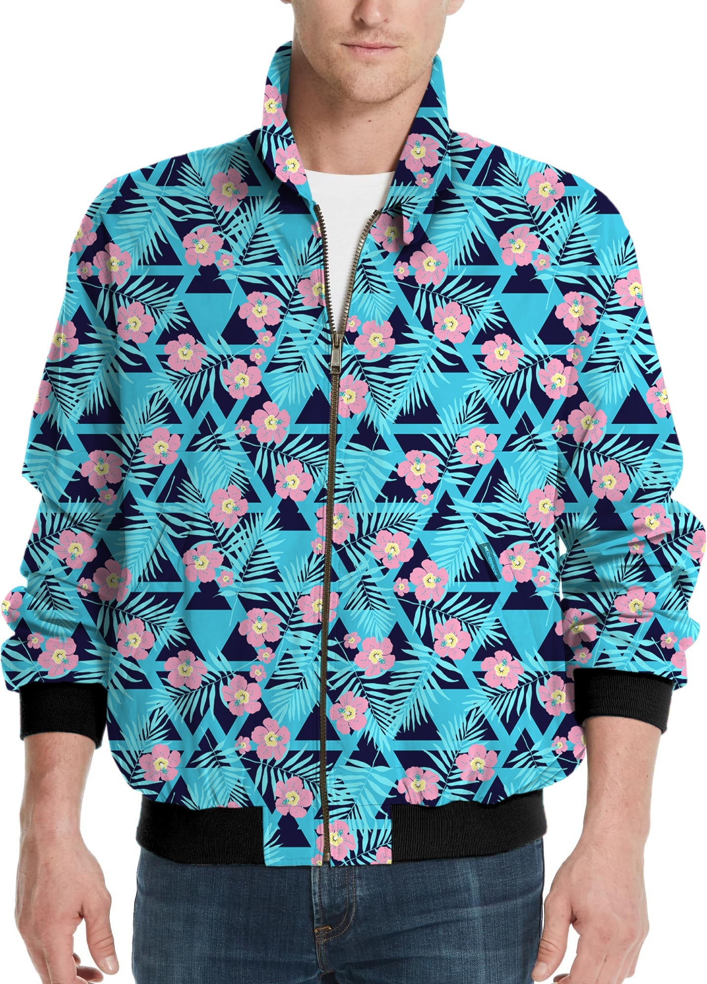 Men's Tropical Bloom golf windbreaker jacket with floral and leaf pattern