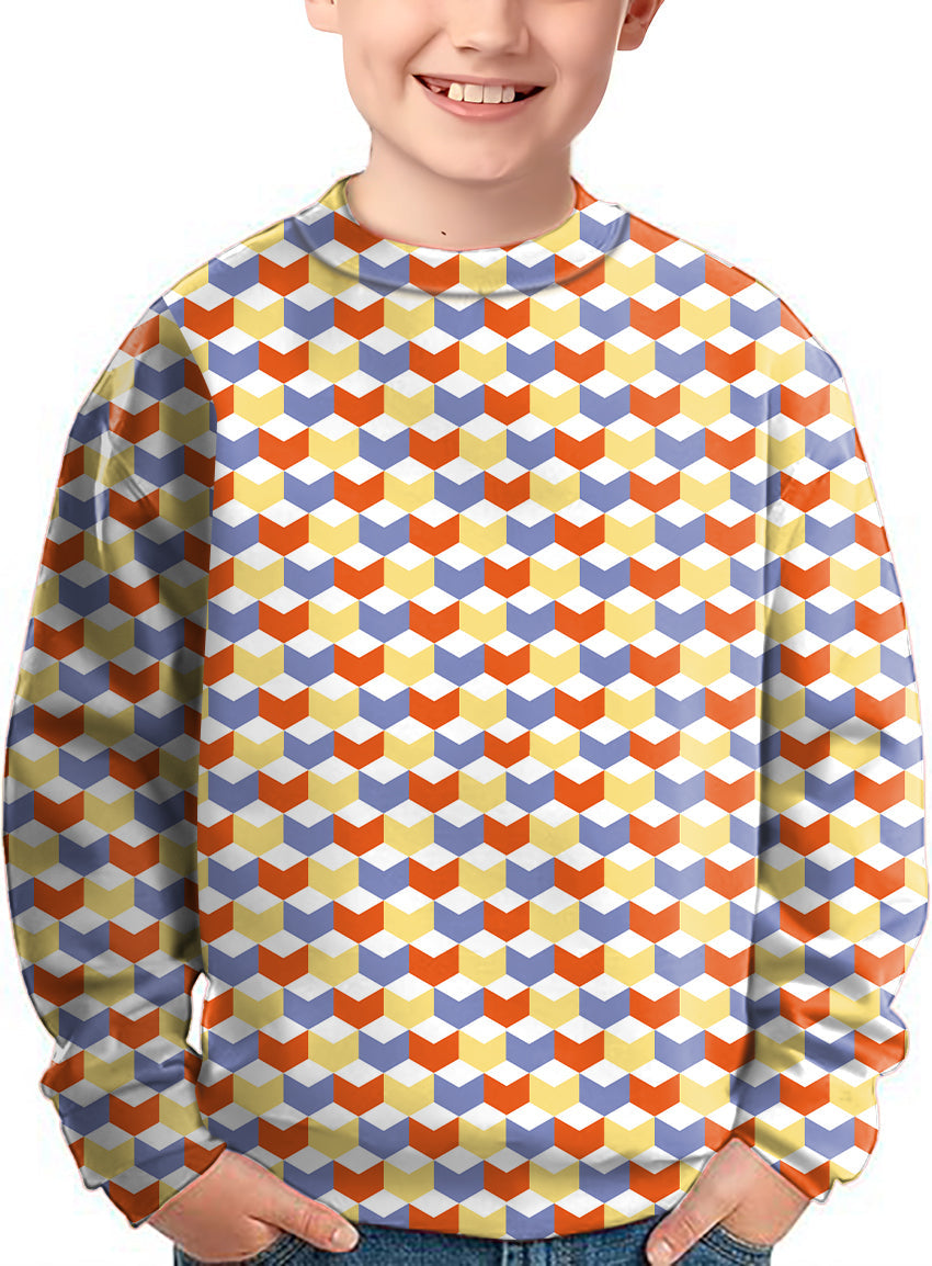 colorful kids crewneck pullover with 3d square box pattern