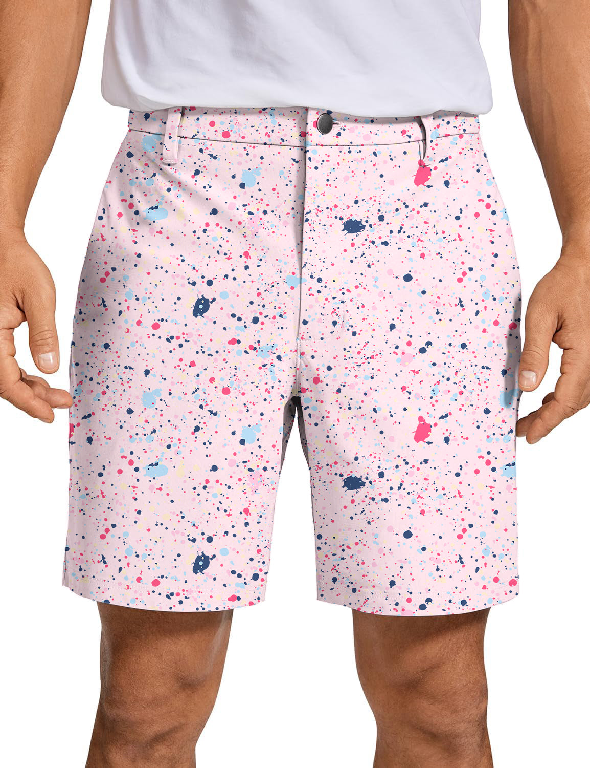 Men's black and pink ink dots golf shorts with quick-dry, stretchy fabric and wrinkle-free design