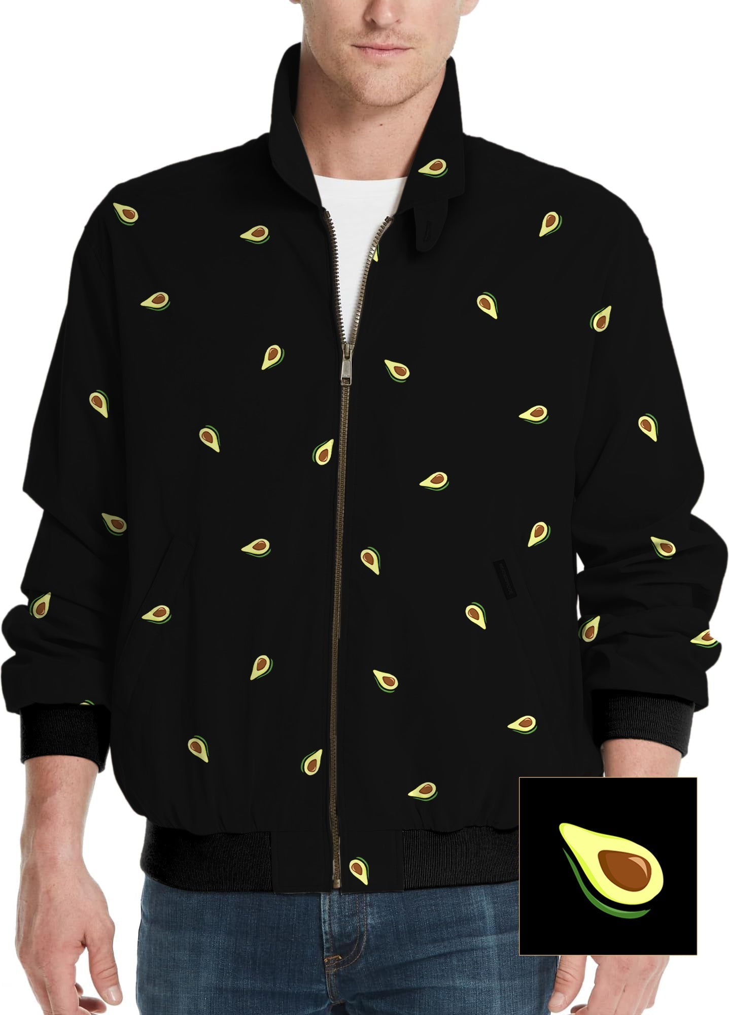 Men's black golf windbreaker jacket with avocado pattern custom background design