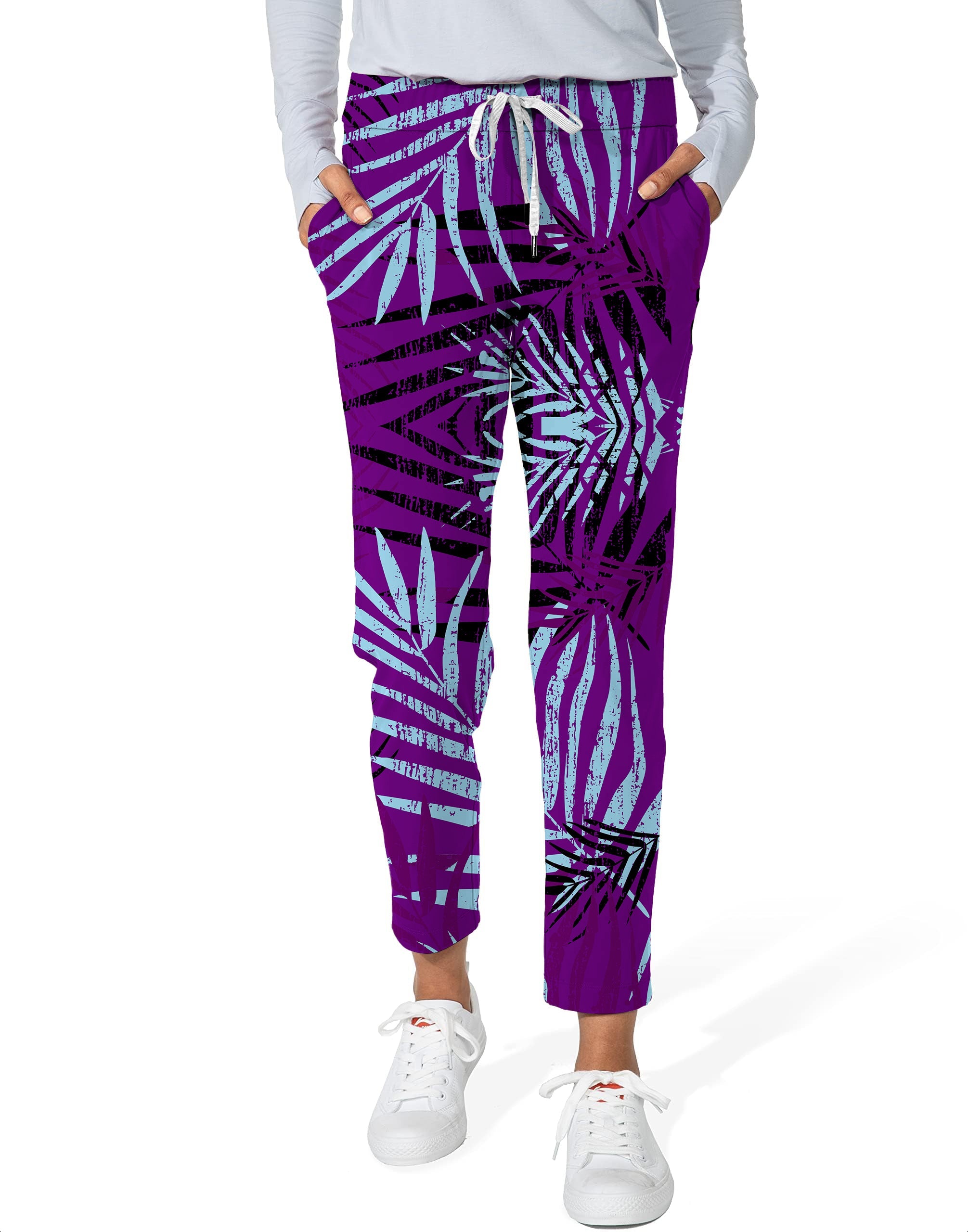 purple leaf-Women's 7/8 stretch ankle golf pants with blue and black leaf pattern