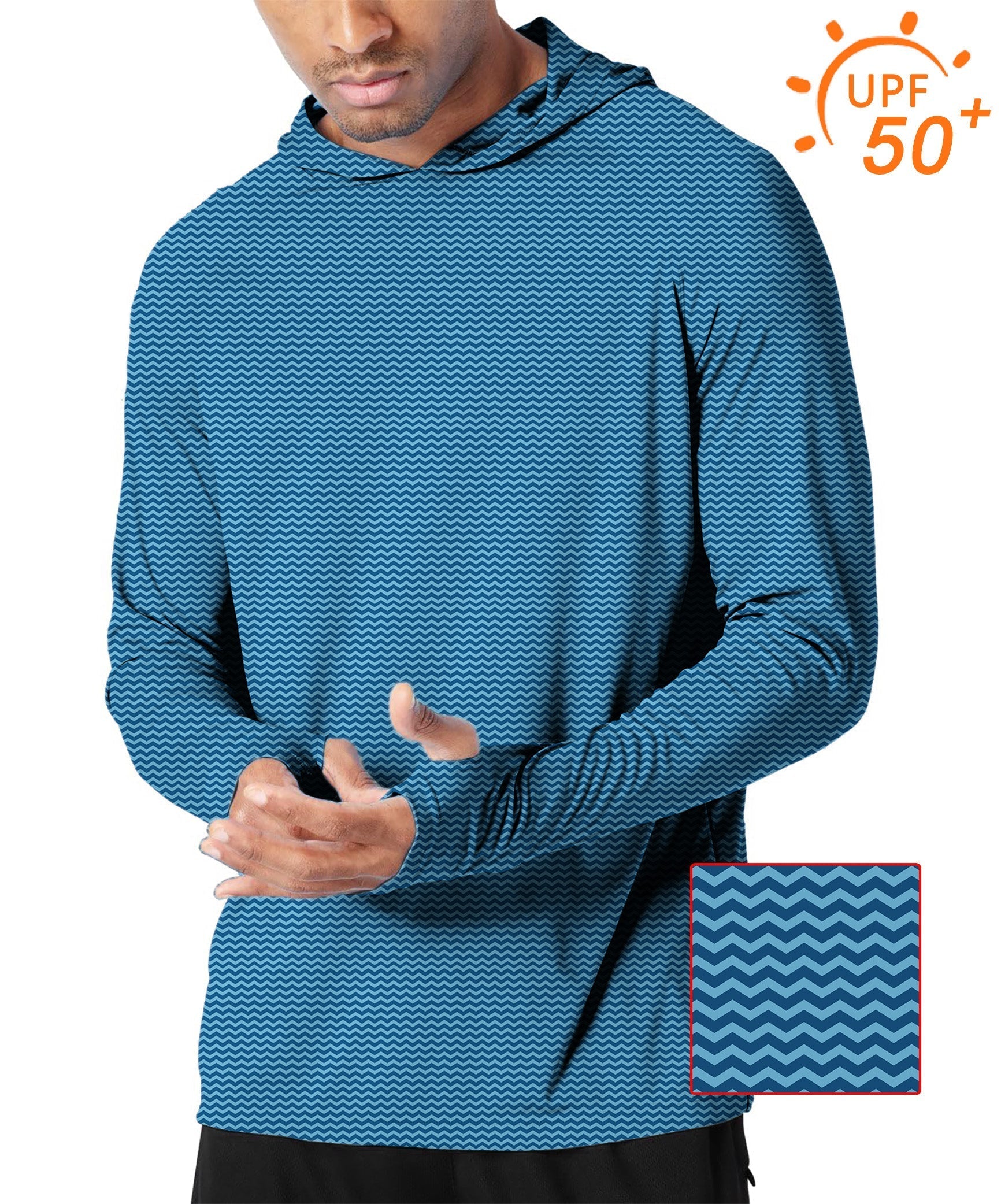 Men's Outdoor Blue Waves slim fit UPF 50+ sun protection hoodie with thumb holes and breathable fabric