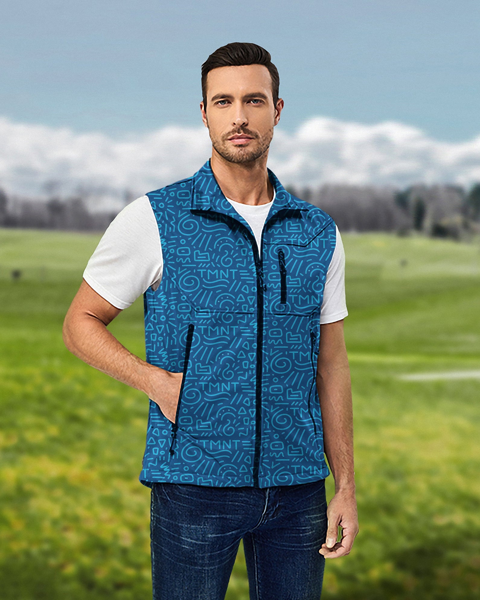 Men's Blue Doodle Lightweight Softshell Vest Sleeveless Jacket for Golf Windproof Waterproof