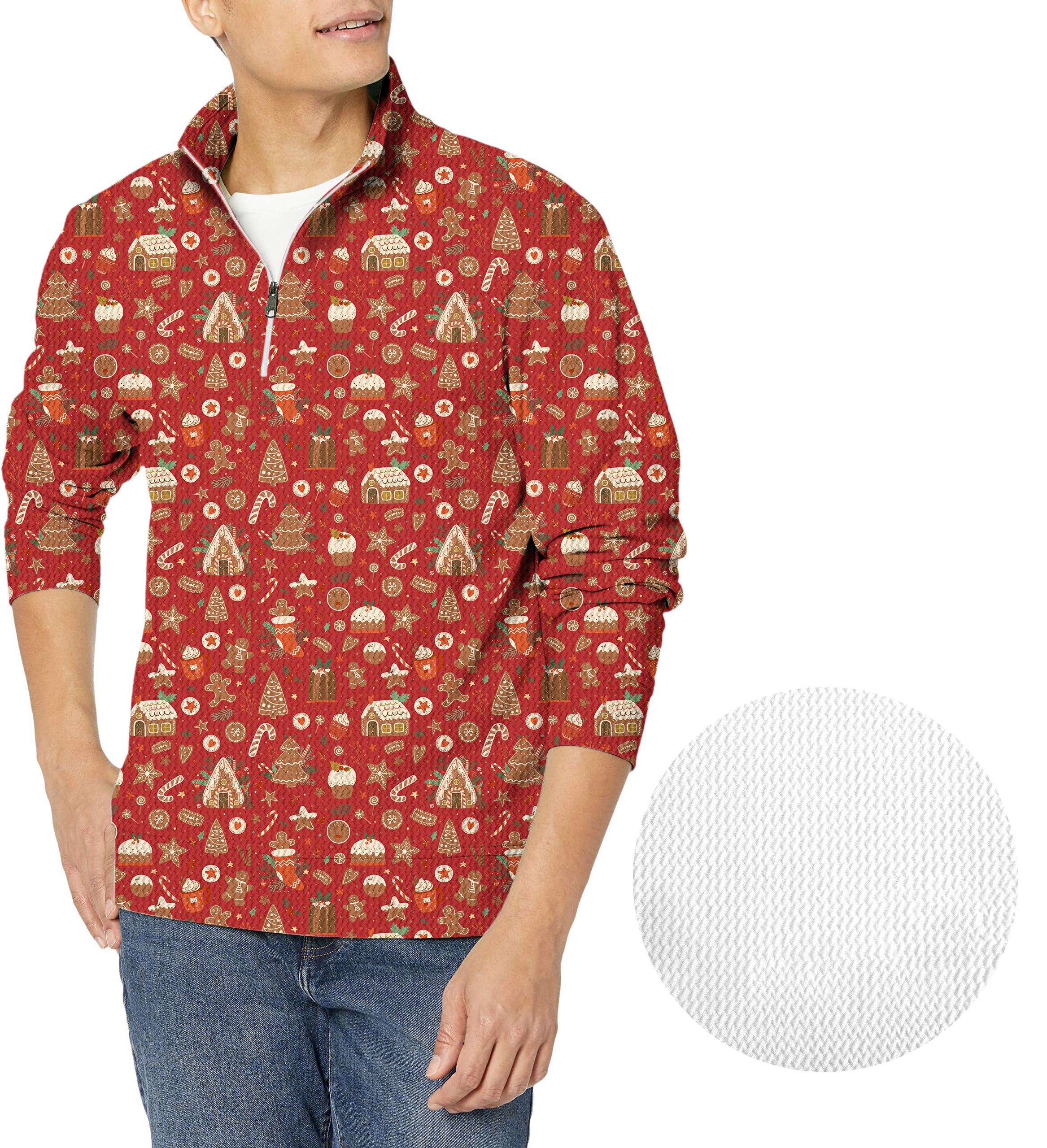Red Christmas Candy House-Men's Golf Waffle Zipper Pullover
