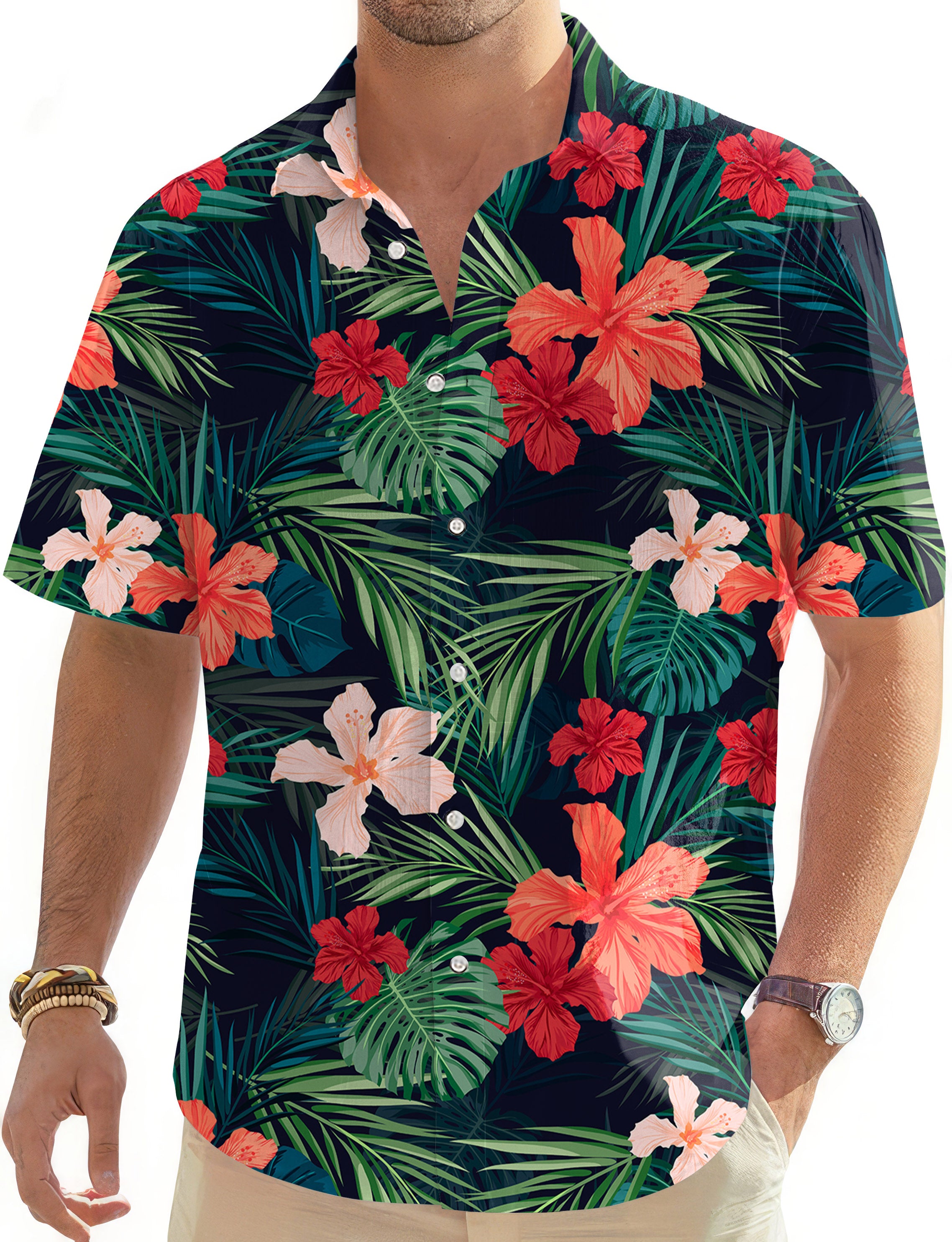 Jungle Hibiscus Men's Golf Hawaiian Shirts Button Down Shirt