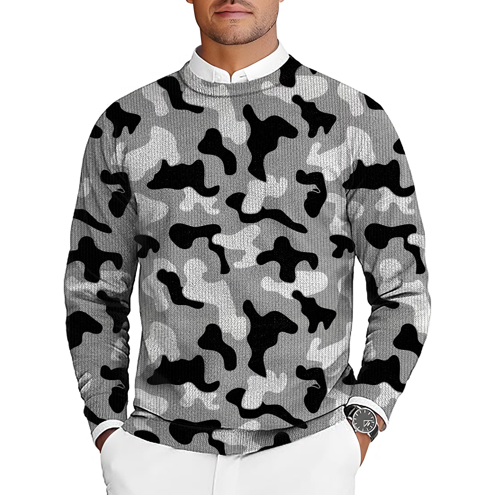Grey camouflage men's golf crewneck pullover sweater with custom logo option