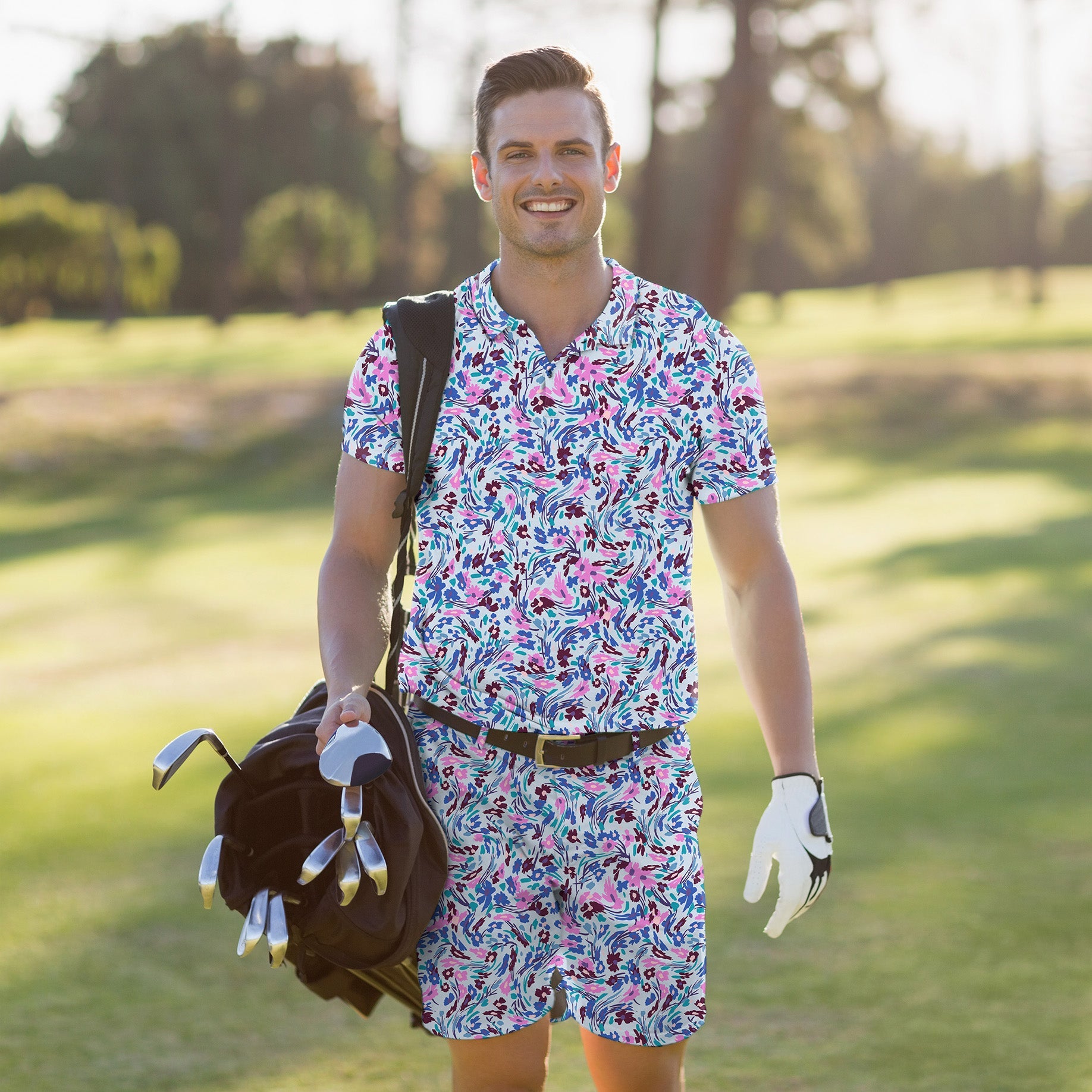 Men's Golf Set with floral twist polo and shorts, lightweight and stretchy golf outfit for summer