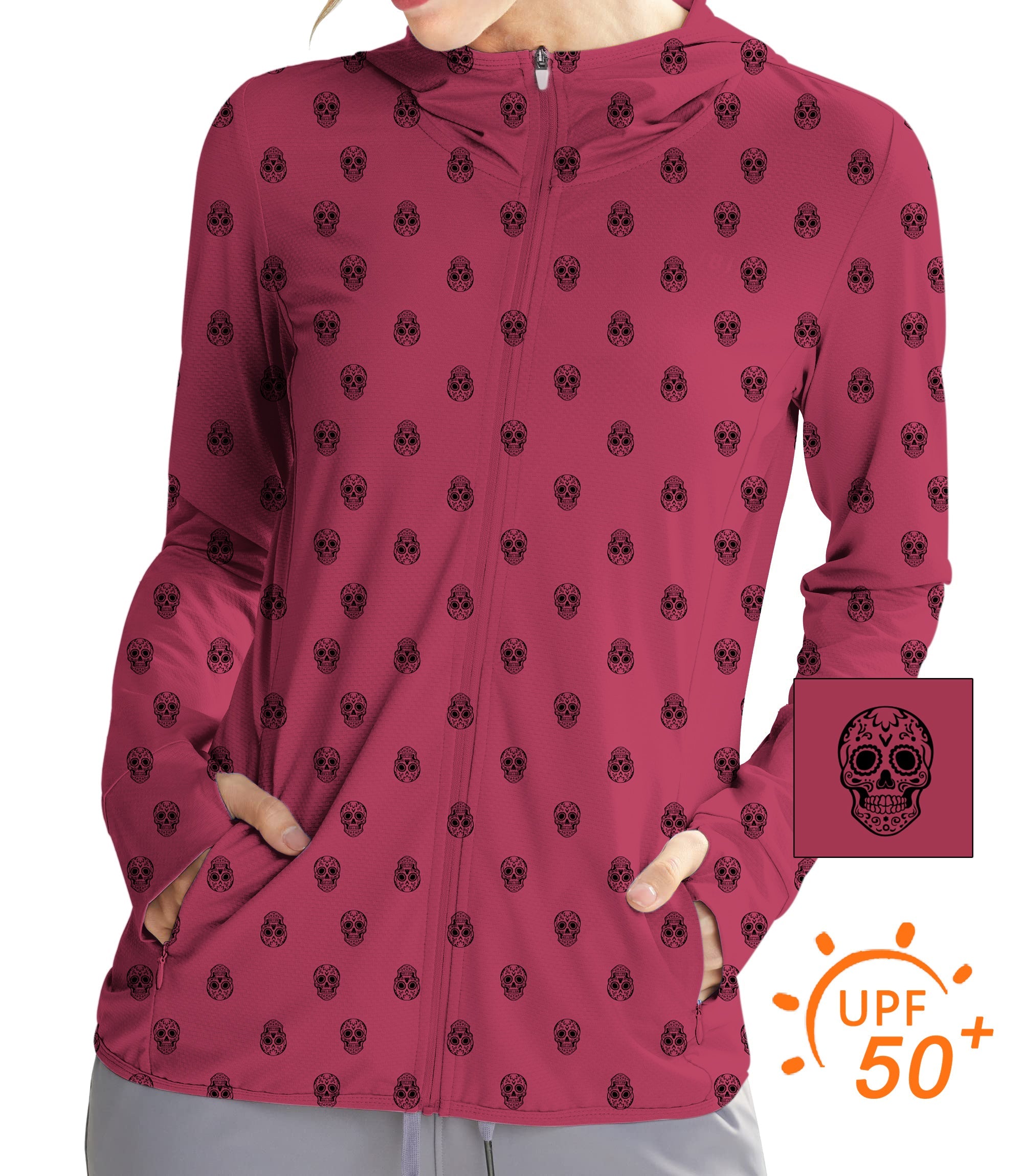 Women's outdoor skull print slim fit zip hoodie with UPF 50+ sun protection and thumb holes