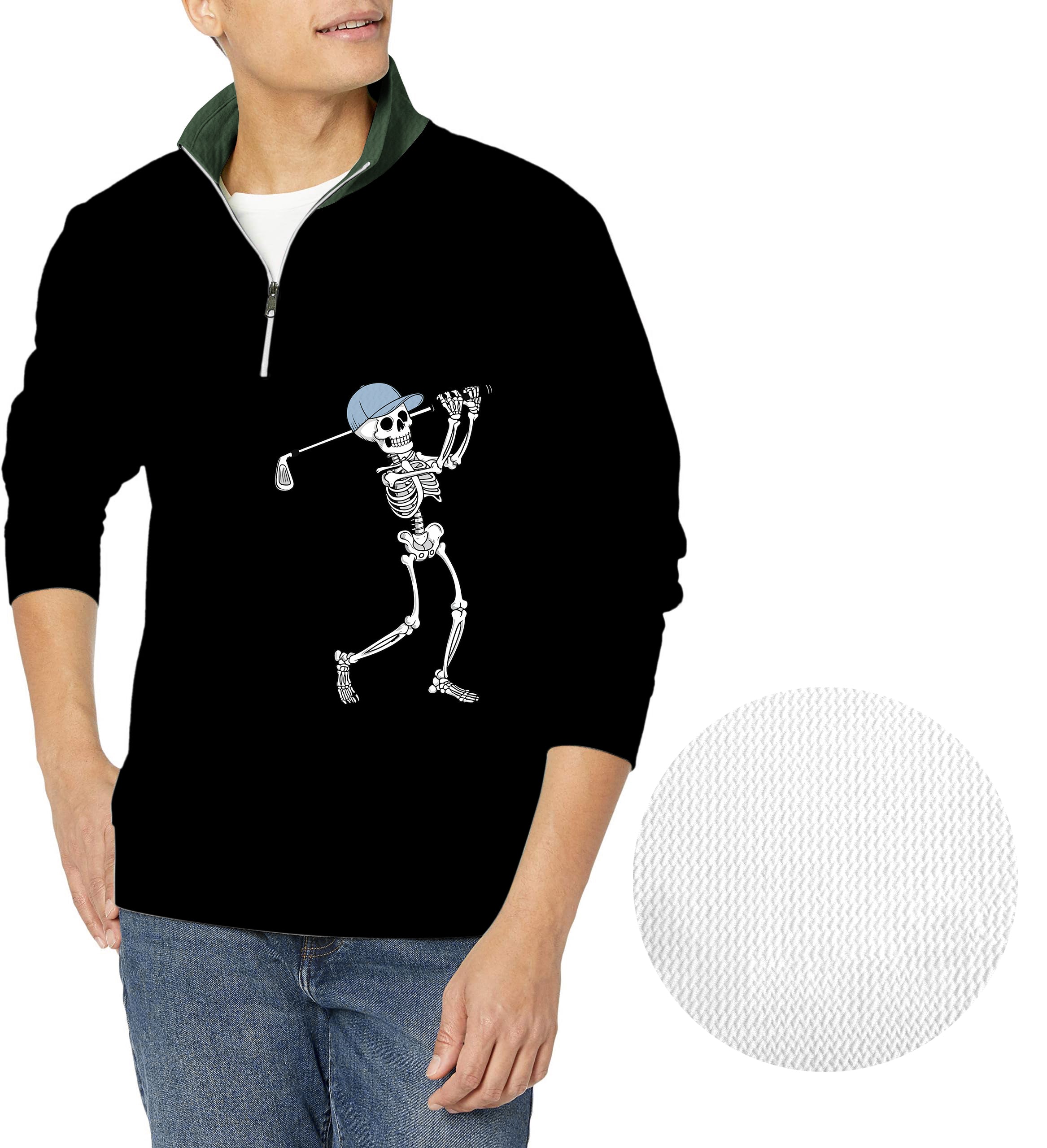 Men's black waffle zipper pullover with blue green Halloween skeleton golf design