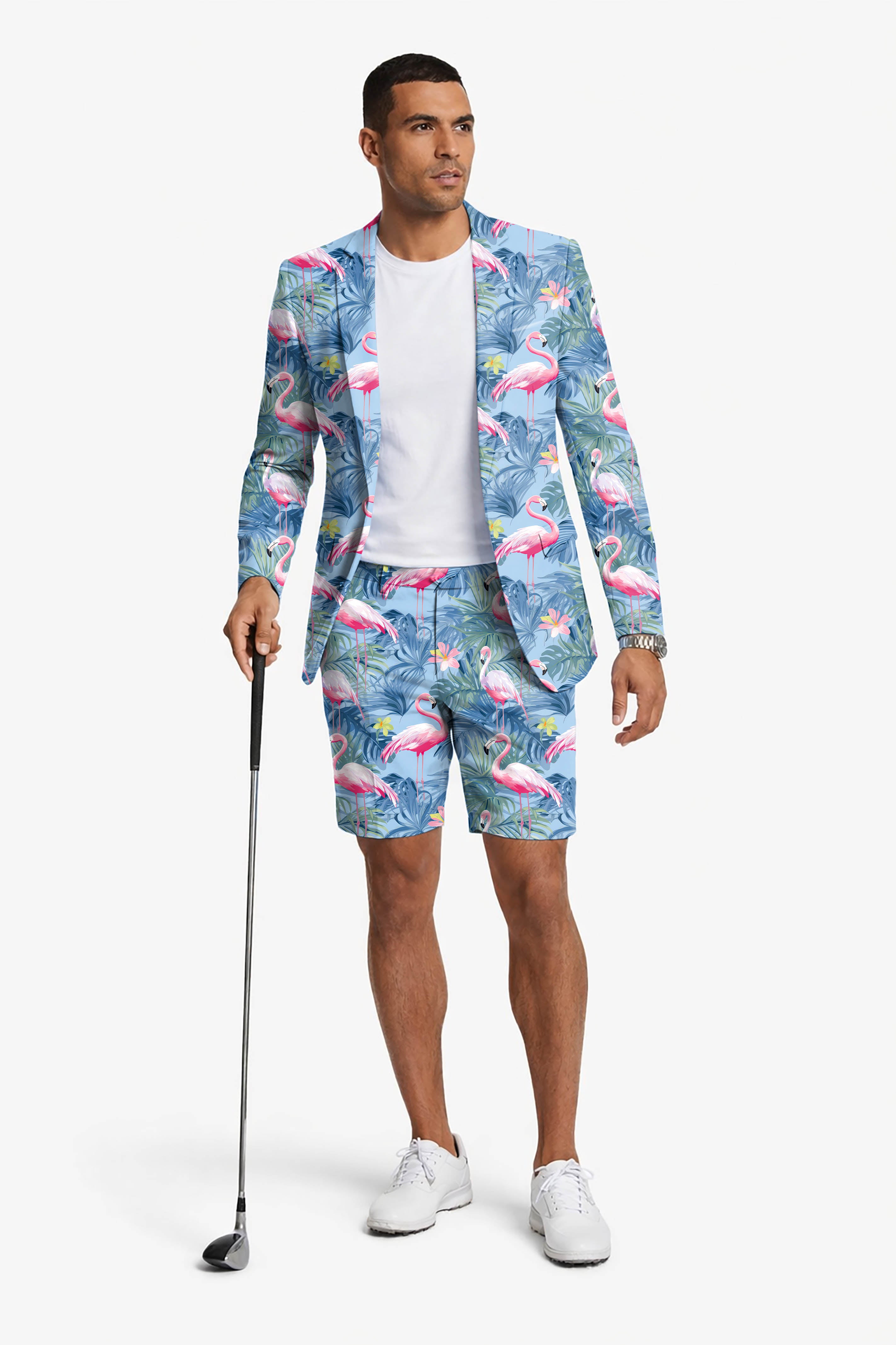 Tropical birds pink flamingo Men's Party Costumes-Theme Party 2pcs Suit set-Blazer Shorts