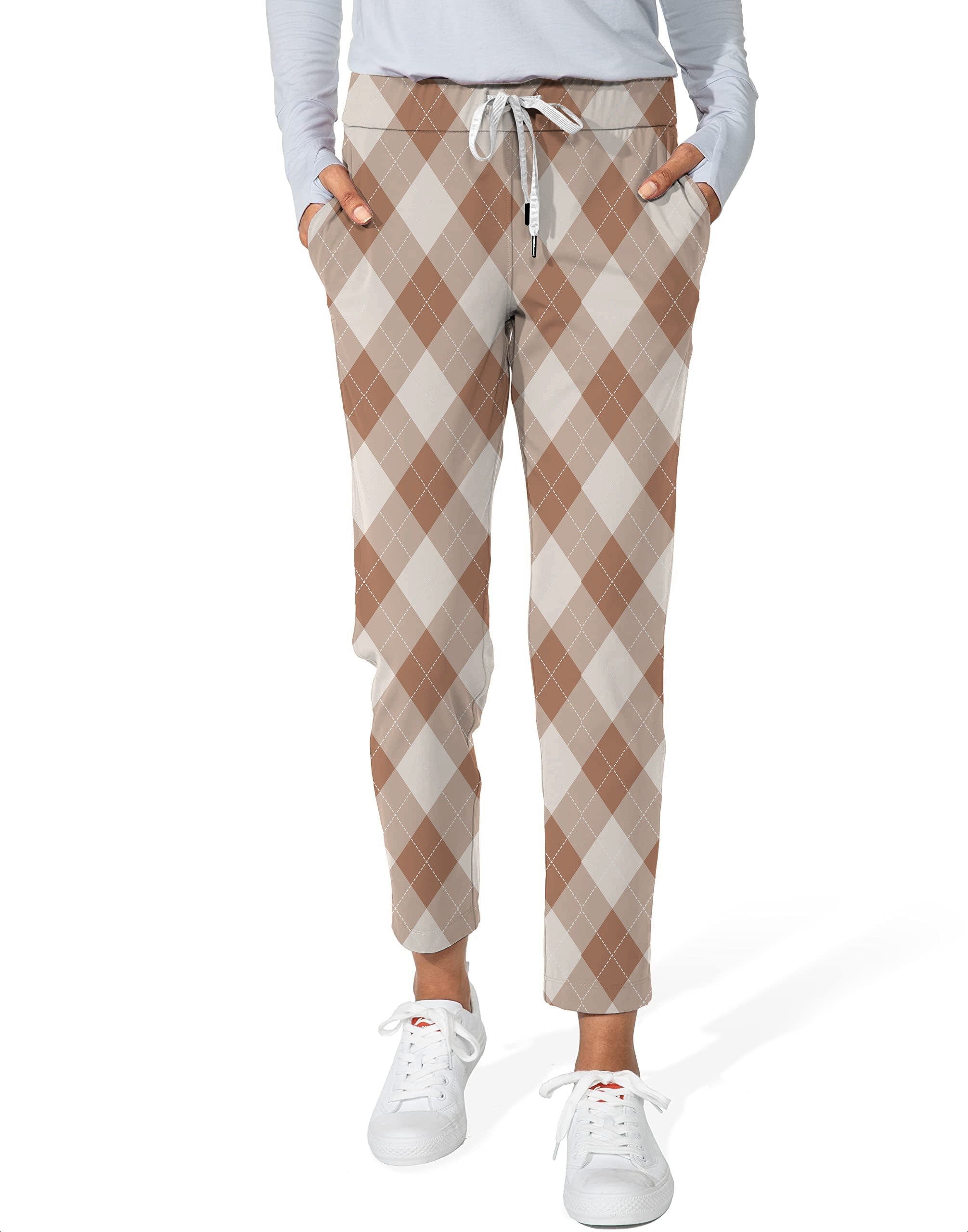 women's brown argyle 7/8 stretch ankle golf pants with drawstring waistband