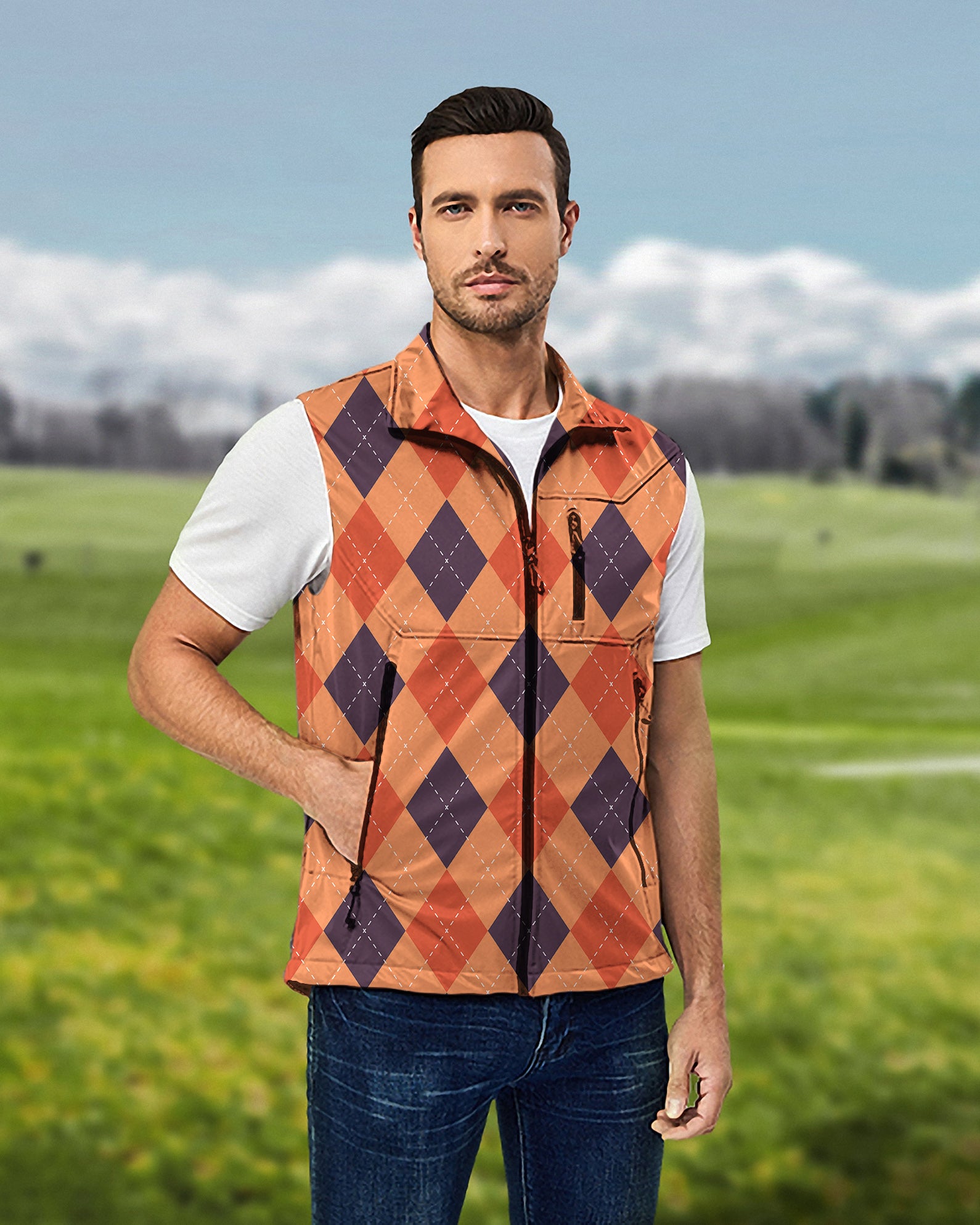 Men's Halloween Black Red Orange Argyle Lightweight Softshell Vest Sleeveless Jacket for Golf Windproof Waterproof