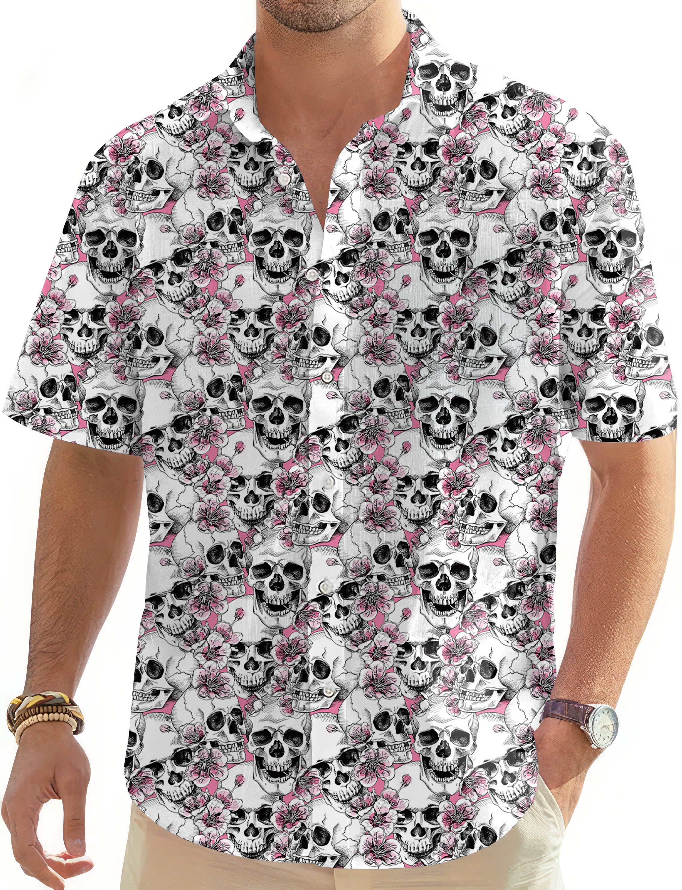 Pink Skulls Men's Golf Hawaiian Shirts Button Down Shirt