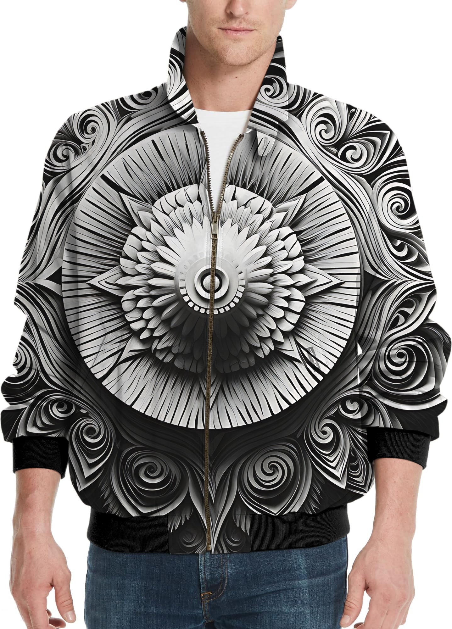 Artistry Motion-Men's black and white golf windbreaker jacket with intricate circular patterns