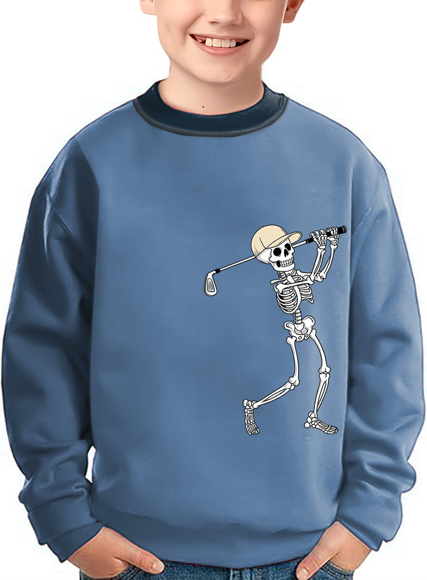 White blue Halloween skeleton golf crewneck pullover for kids