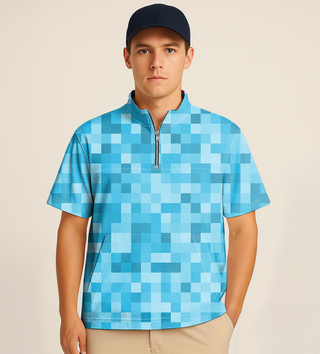 Blue pixel pattern half zipper turtleneck golf short shirt with big embroidery