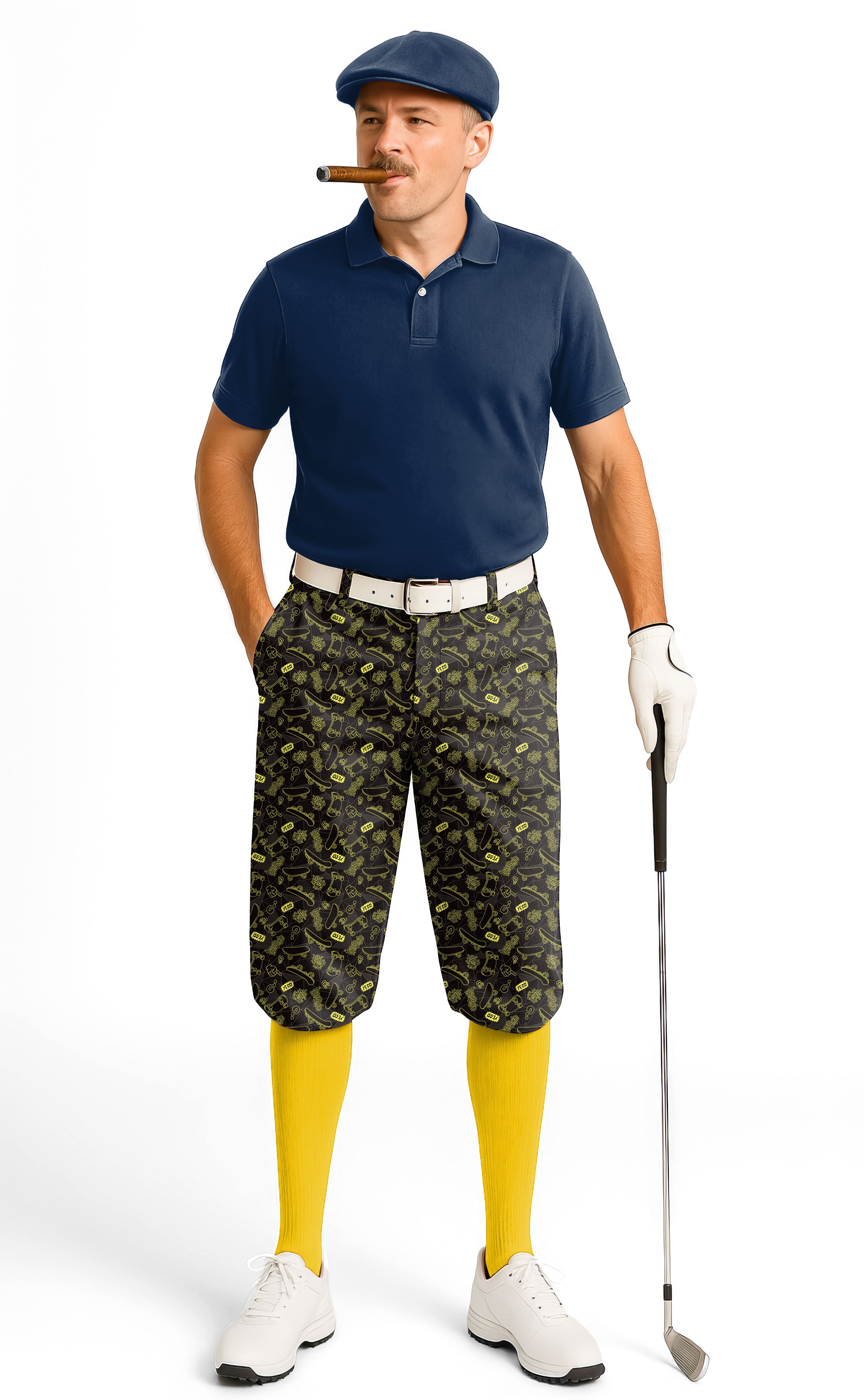 Yessi Men's Golf Knickers with adjustable velcro, breathable and wrinkle-resistant performance fabric, modeled with yellow socks and navy polo.