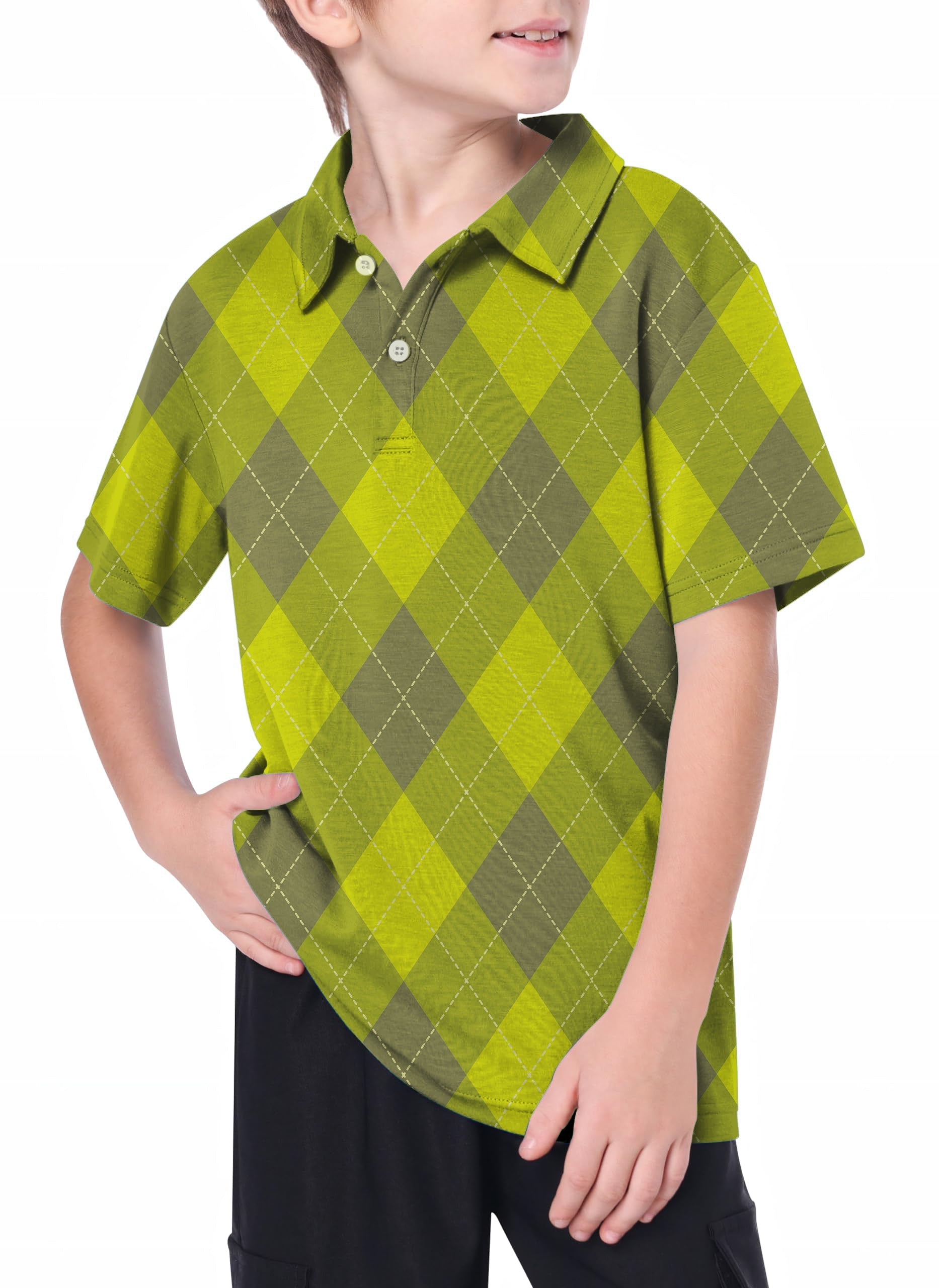 Youth Yollow Argyle golf polo shirt for kids with 4-way stretch and moisture-wicking fabric