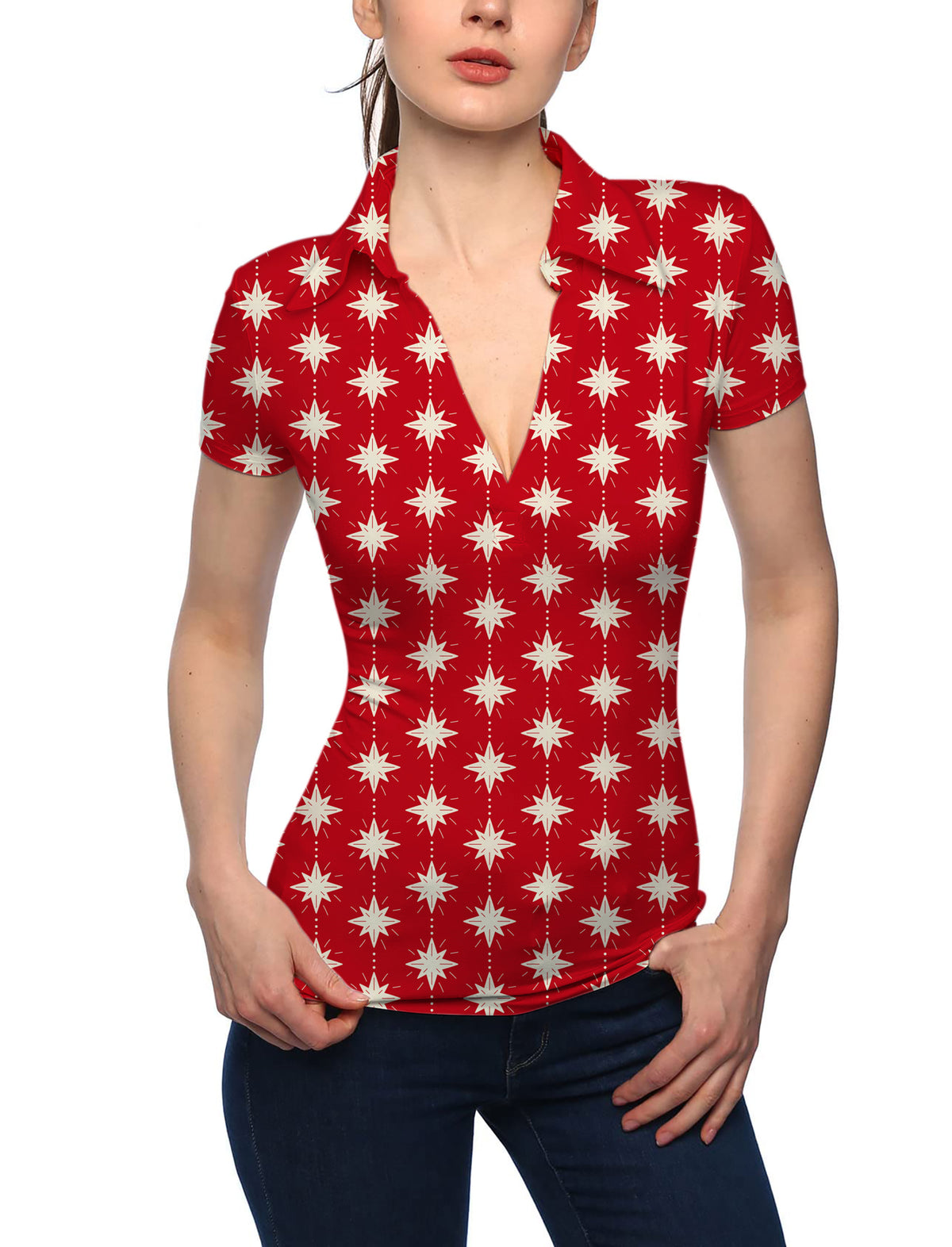 Women's Christmas Star V Neck Golf Polo