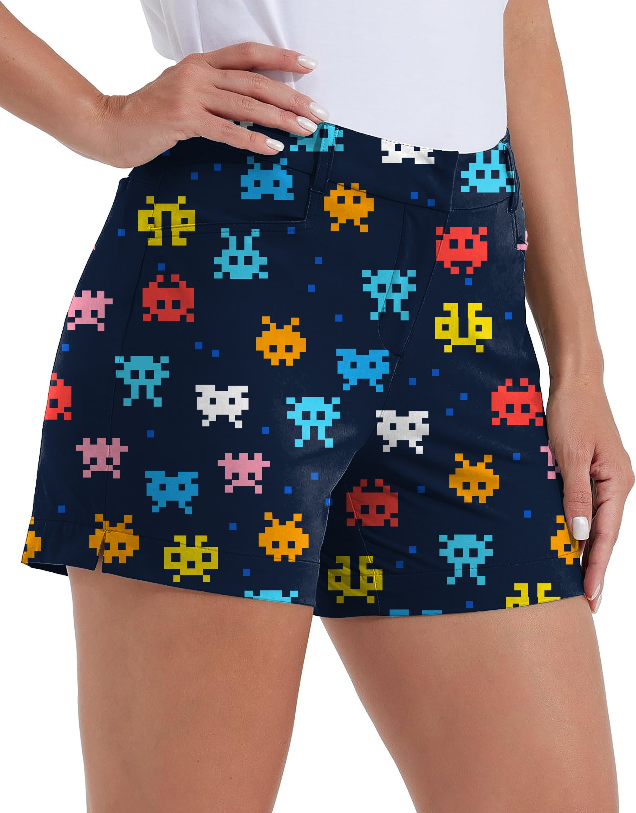 Good Ol Game women's quick-drying golf shorts with colorful pixel art pattern and pockets