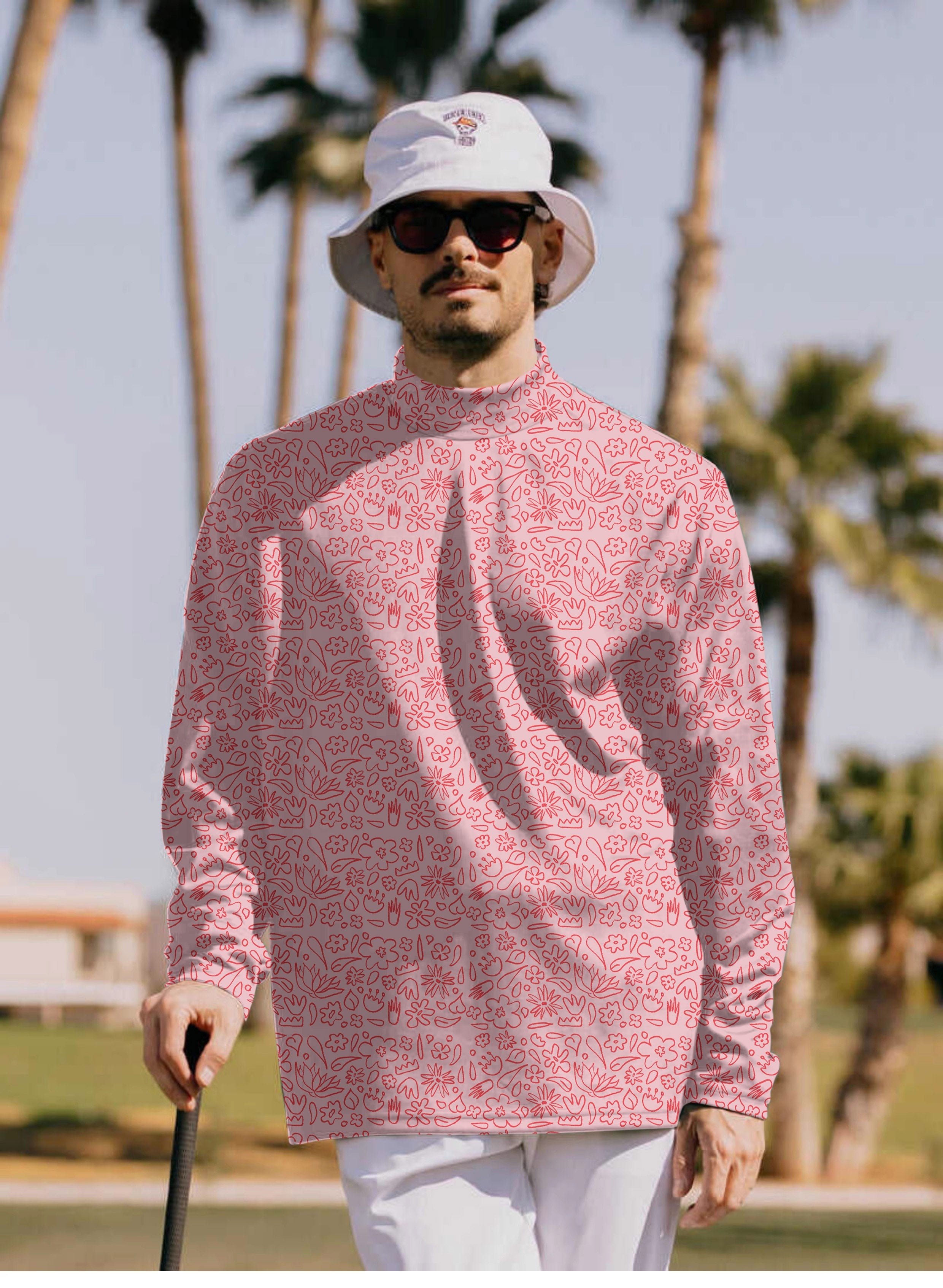 Men's high neck pullover t-shirt with simple pink flower drawing design, long sleeves, casual golf wear
