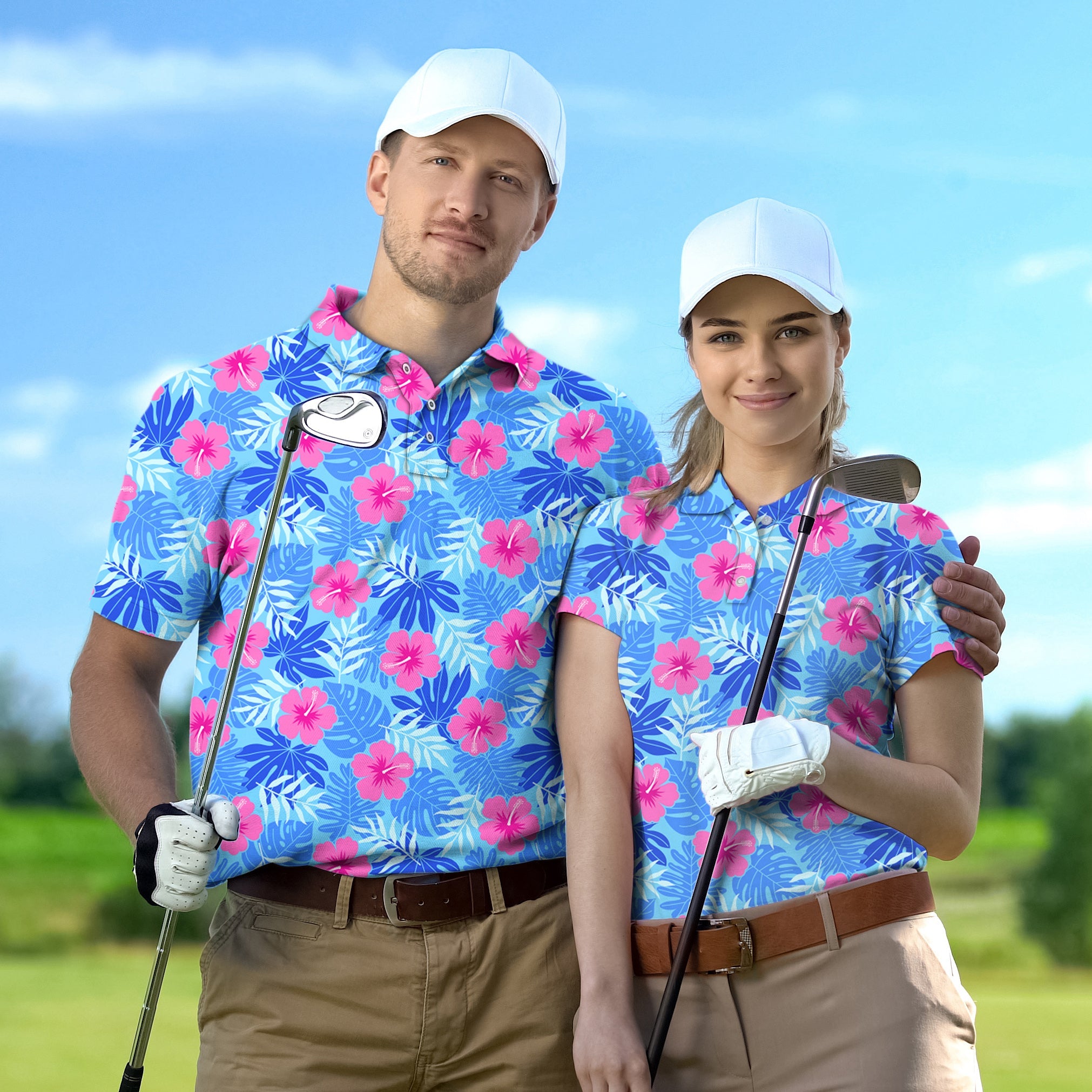 Couple wearing vivid bloom flower golf polo set with custom fit and moisture-wicking fabric on golf course
