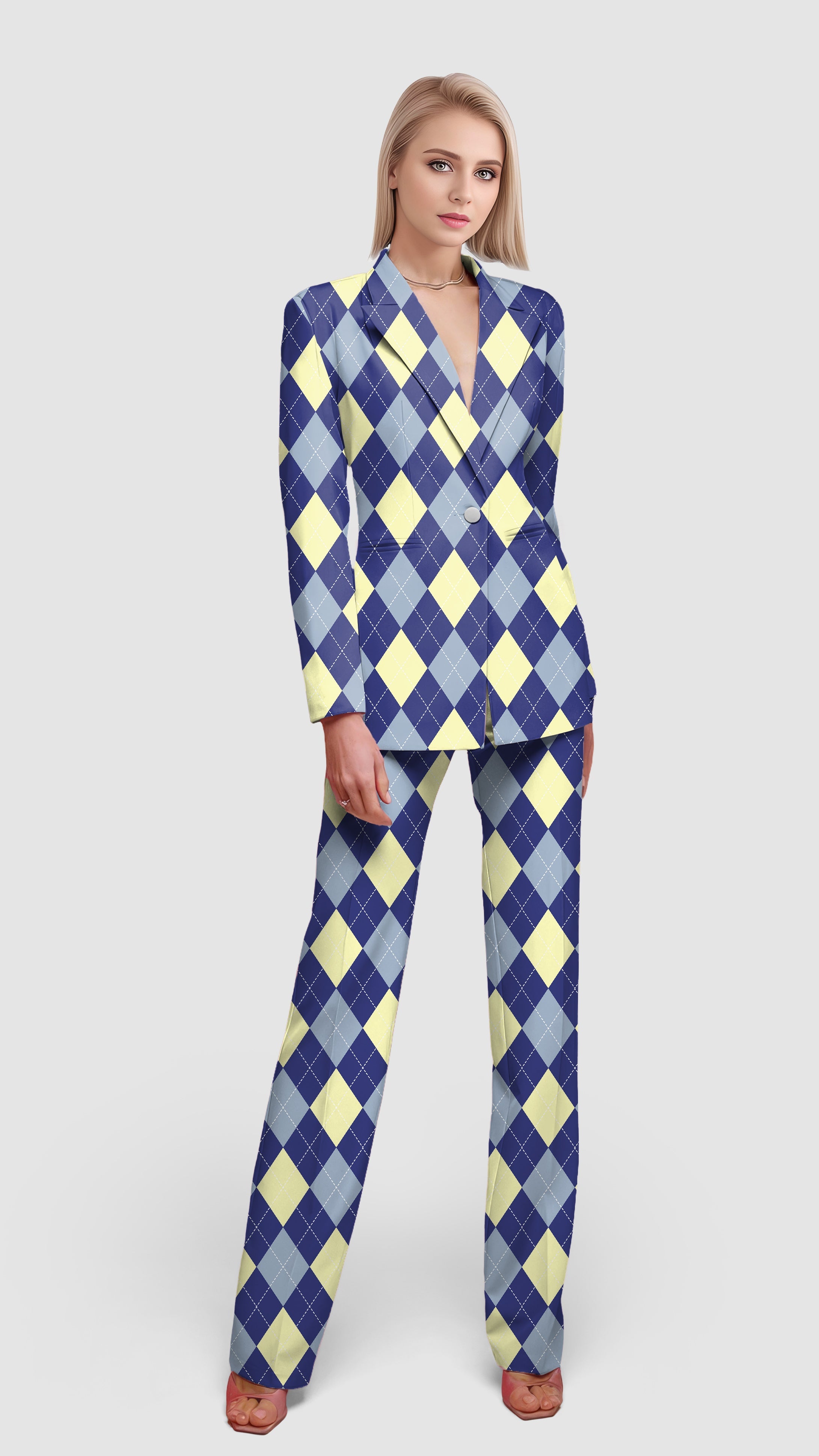 blue Argyle women's blazer and trousers suit set for casual and office wear