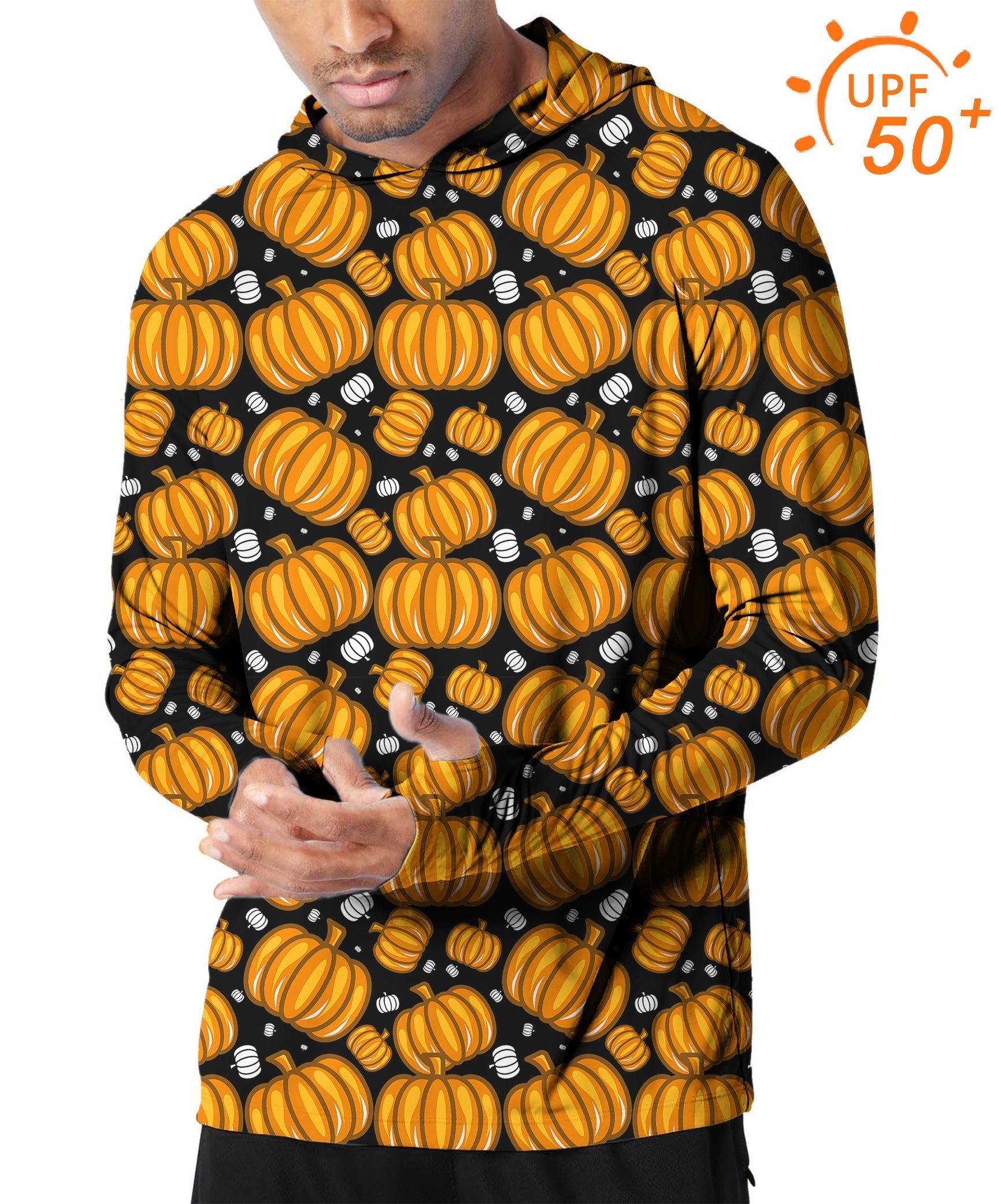 Men's outdoor slim fit hoodie with Halloween pumpkin print and UPF 50+ sun protection