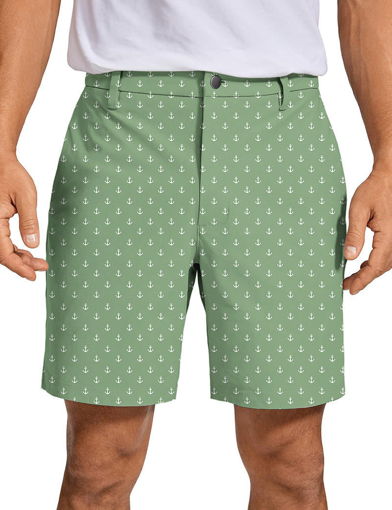 Men's grass green golf shorts with white anchor pattern, quick-dry breathable fabric, and lightweight two-way stretch