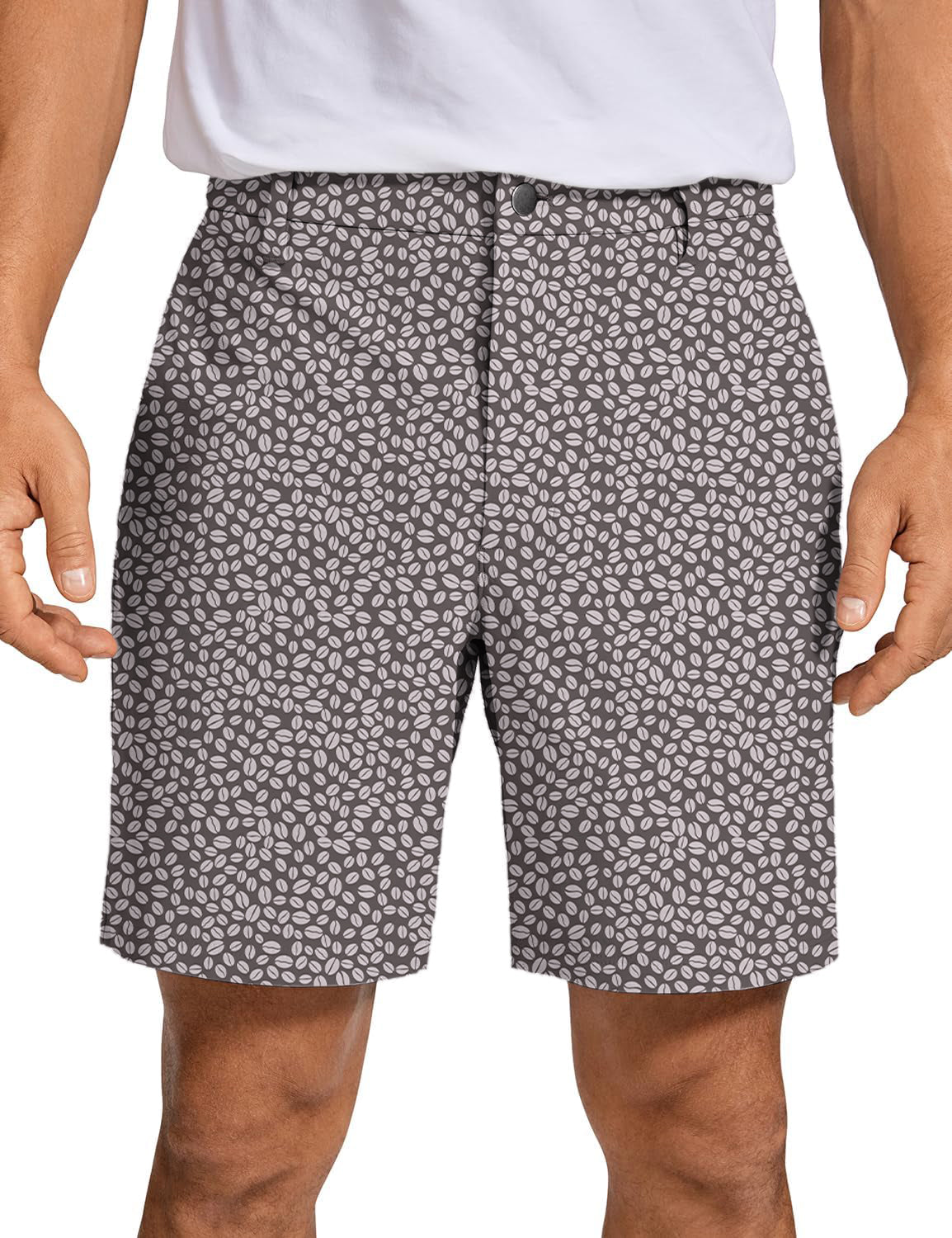 Men's golf shorts with coffee bean pattern, quick dry, lightweight and stretchy performance fabric.