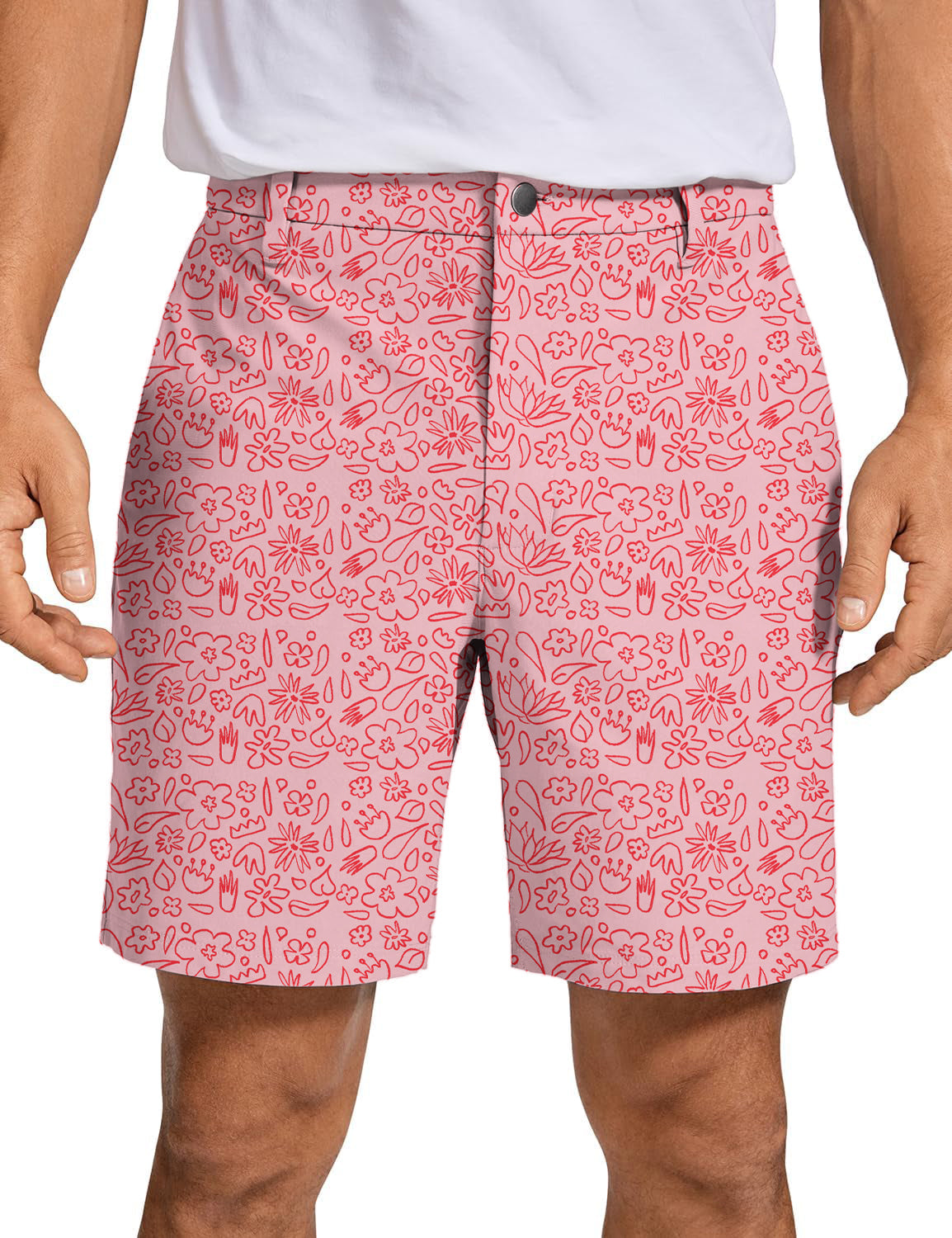 Men's pink flower pattern golf shorts with breathable, quick-dry fabric and two-way stretch for comfort and style
