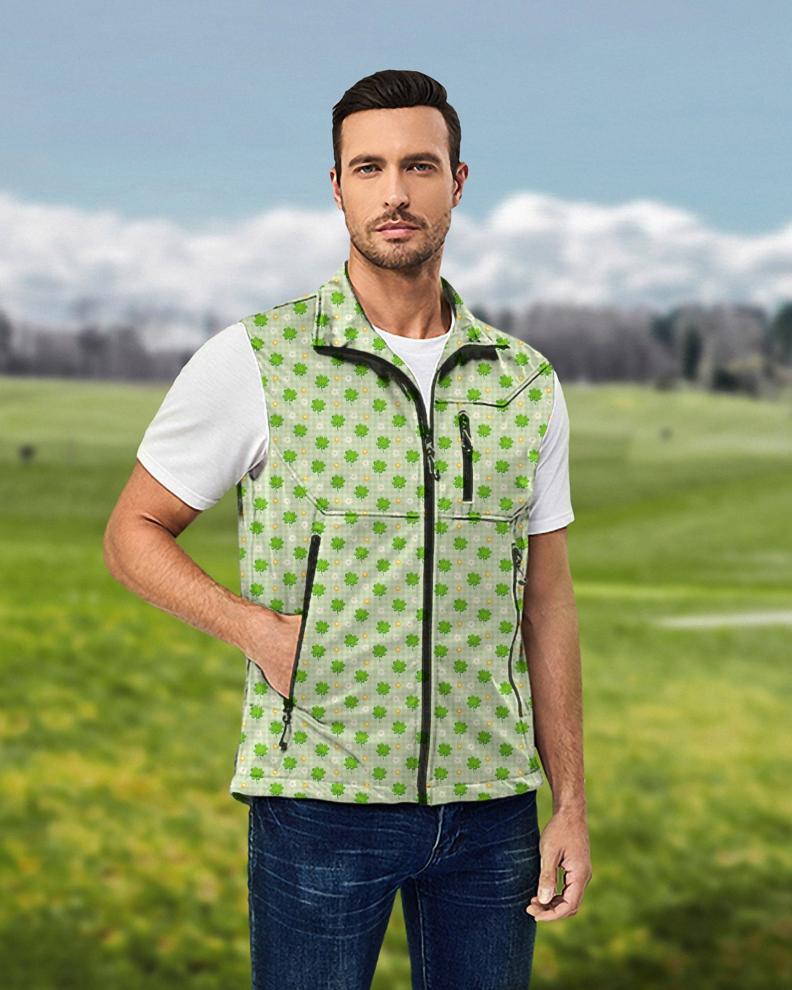 Men's leaf clover St. Patrick's Day softshell vest sleeveless jacket for golf outdoors
